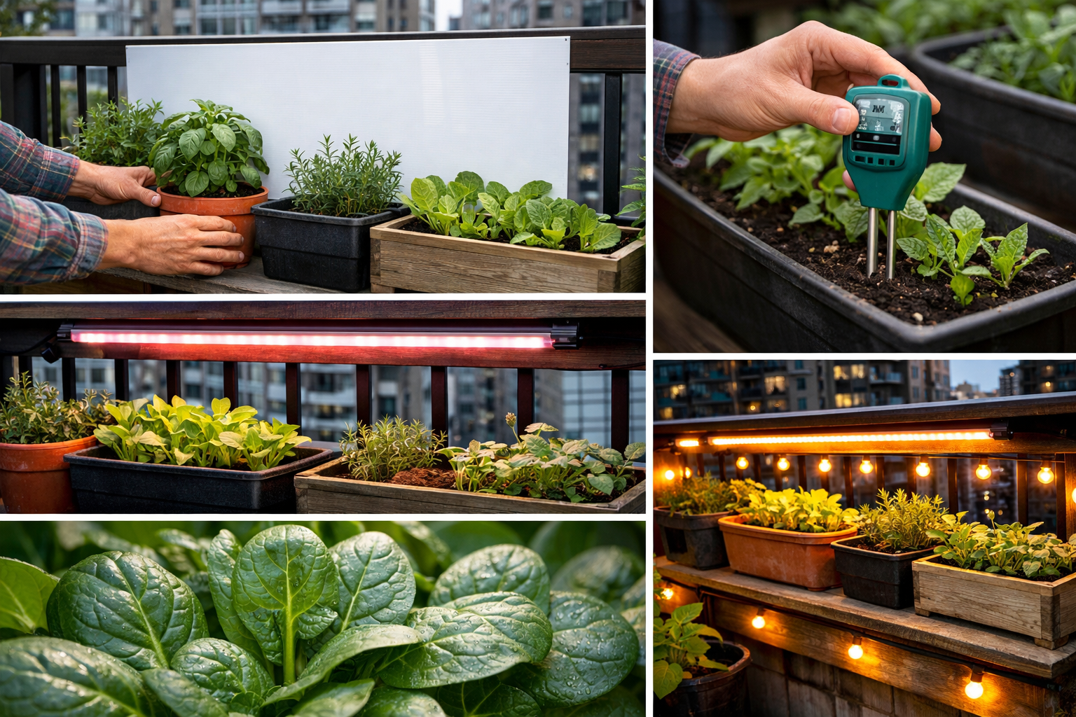() step-by-step visual guide showing a gardener's hands arranging containers on a north-facing balcony: reflective white