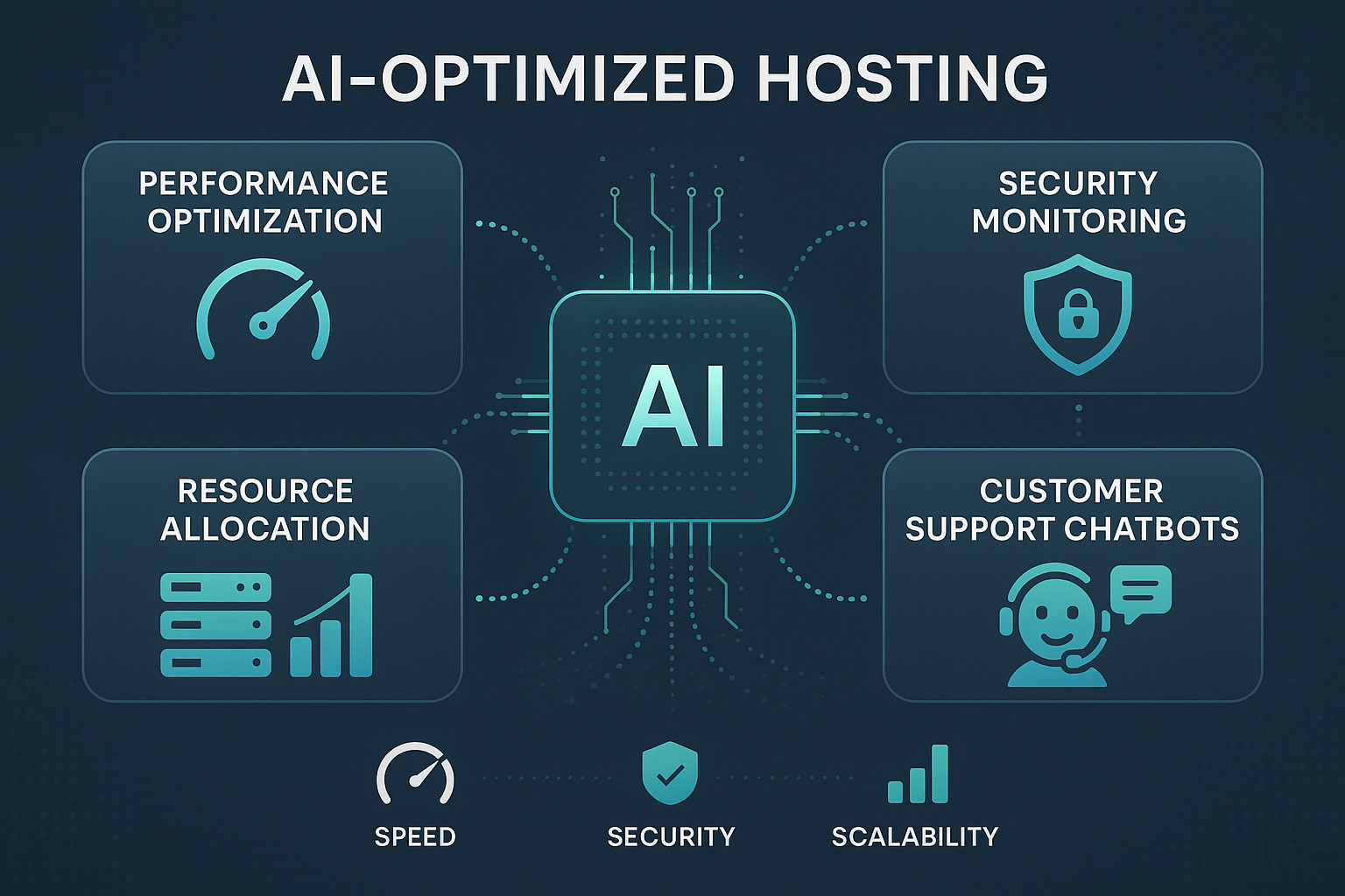 A detailed infographic illustrating the core components of AI-optimized hosting, showing interconnected modules for performance optimization