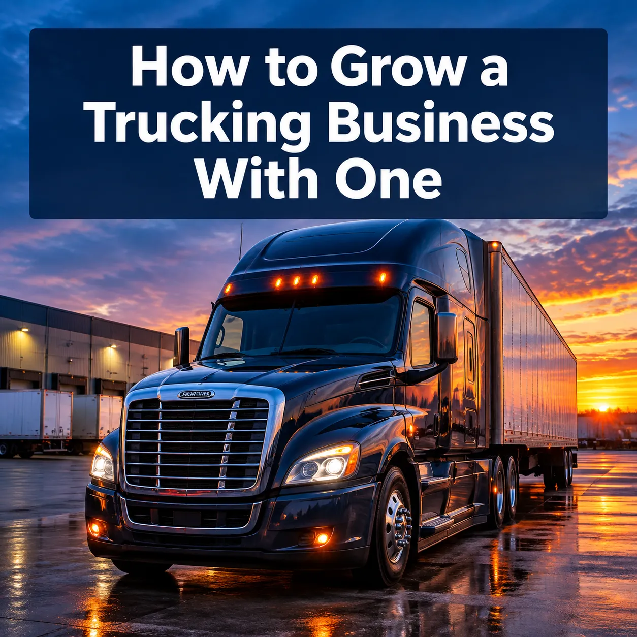 Professional () hero image with SHORT : 'How to Grow a Trucking Business With One', white on a dark navy semi-transparent