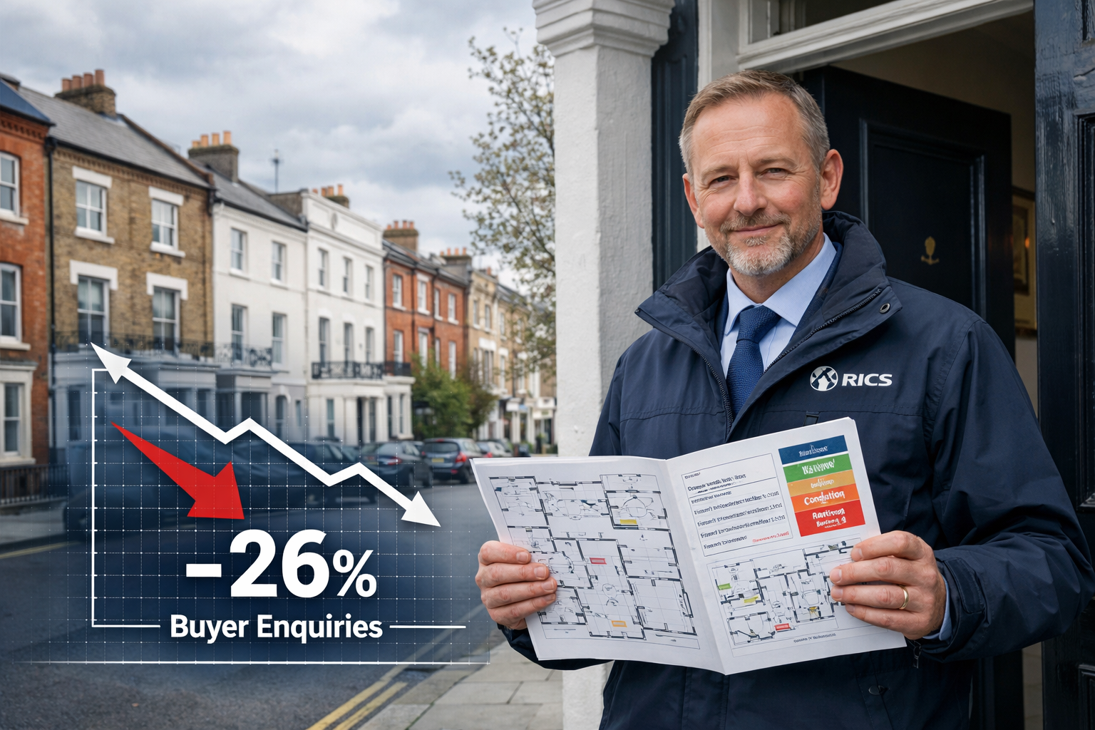 Wide-angle editorial photograph of a professional RICS-chartered surveyor standing at the entrance of a period London
