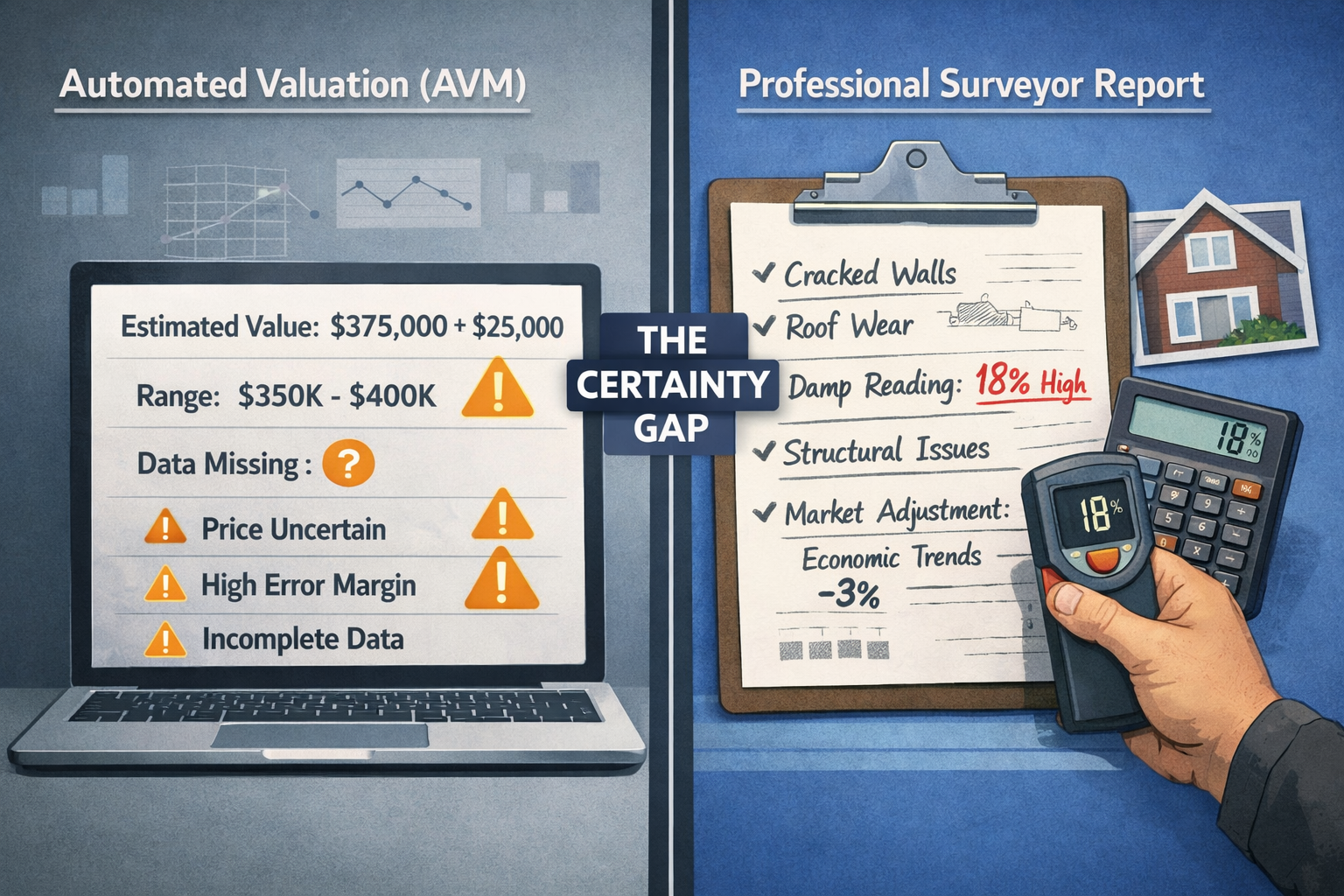 Split-composition infographic illustration contrasting two valuation approaches side by side: left panel shows a laptop