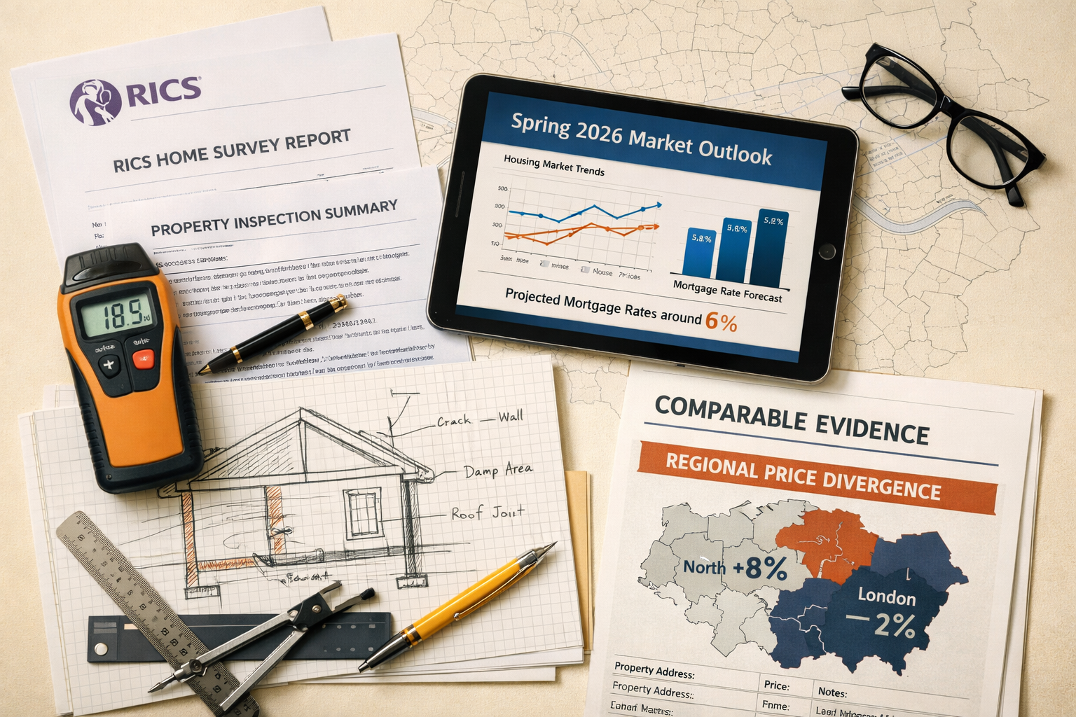 Overhead flat-lay editorial photograph of a professional surveyor's desk showing RICS survey documents, a moisture meter,
