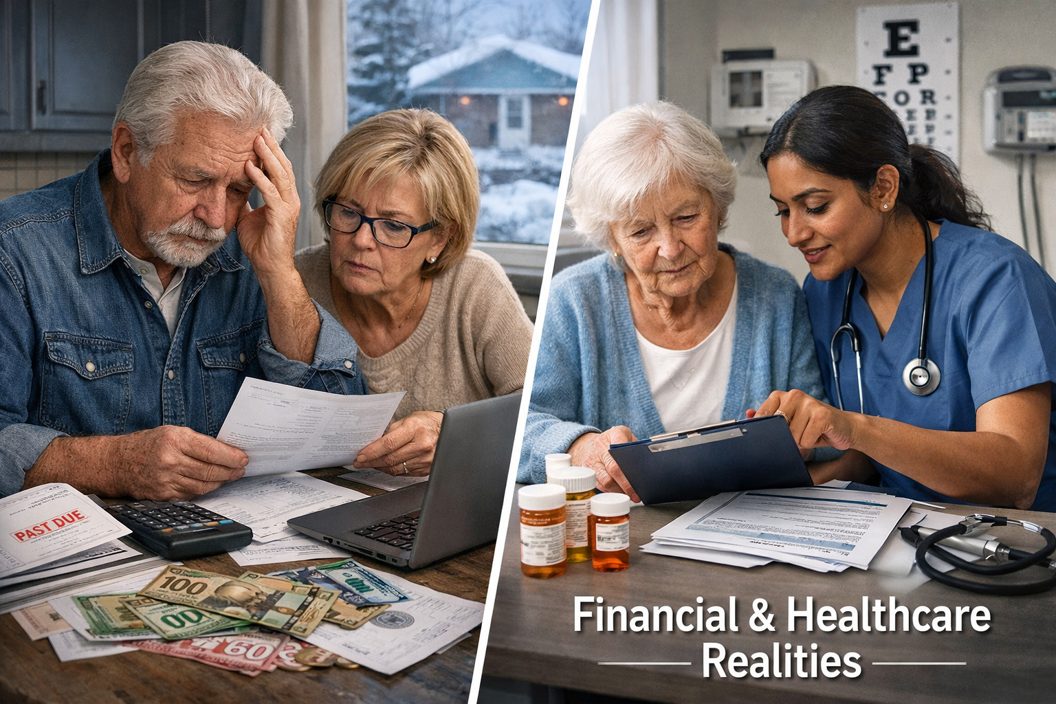 Detailed landscape editorial image (1536x1024) showing split-screen composition: left side displays concerned senior couple reviewing financ