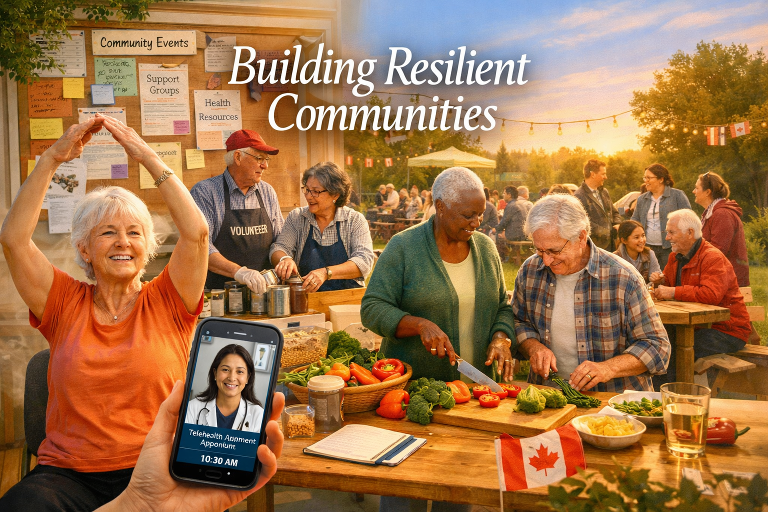 Inspiring landscape image (1536x1024) depicting empowered Canadian seniors engaging in community activities: foreground shows active senior 