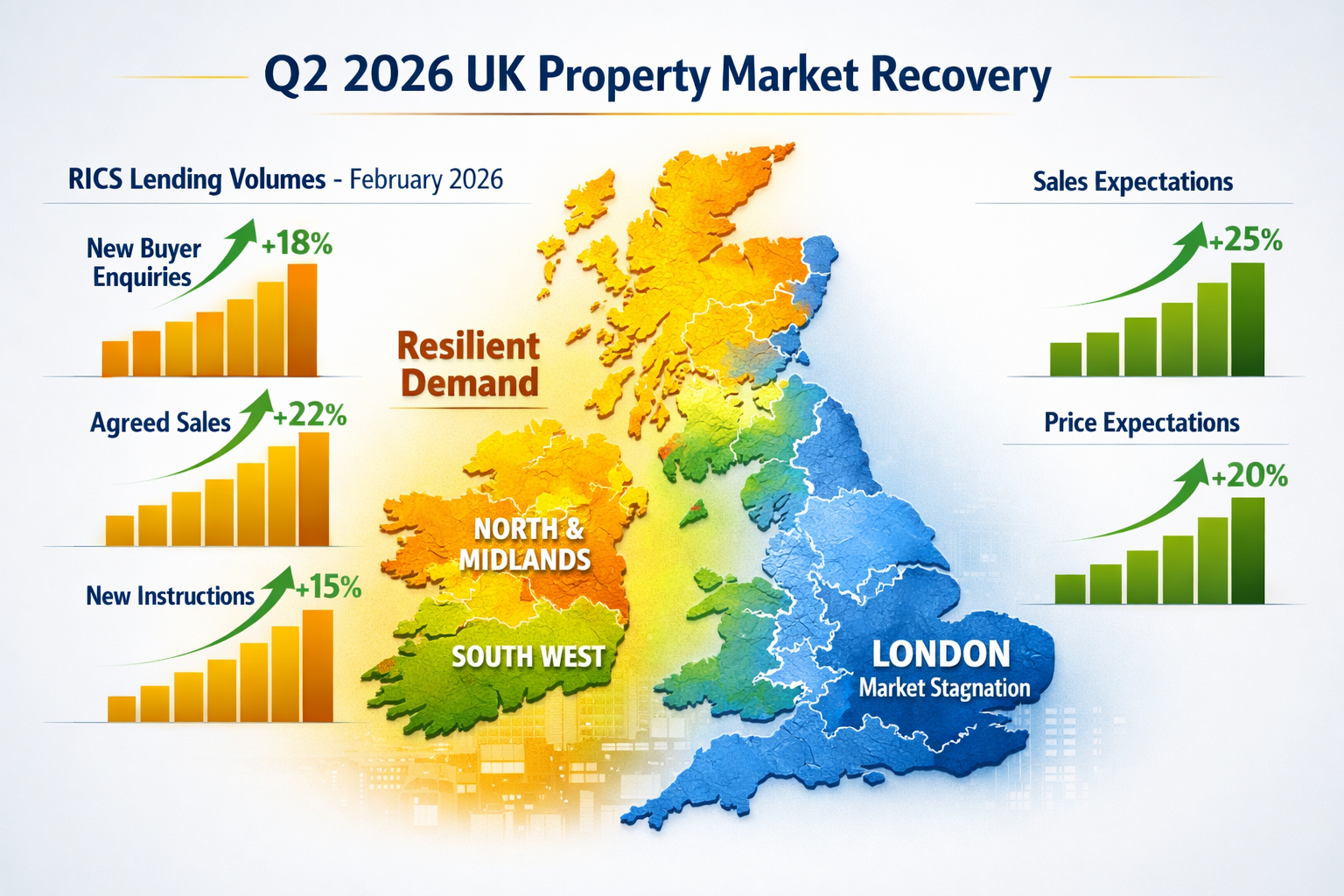 Wide-angle editorial infographic landscape () showing a split UK map with regional heat zones — London shown in cool blue