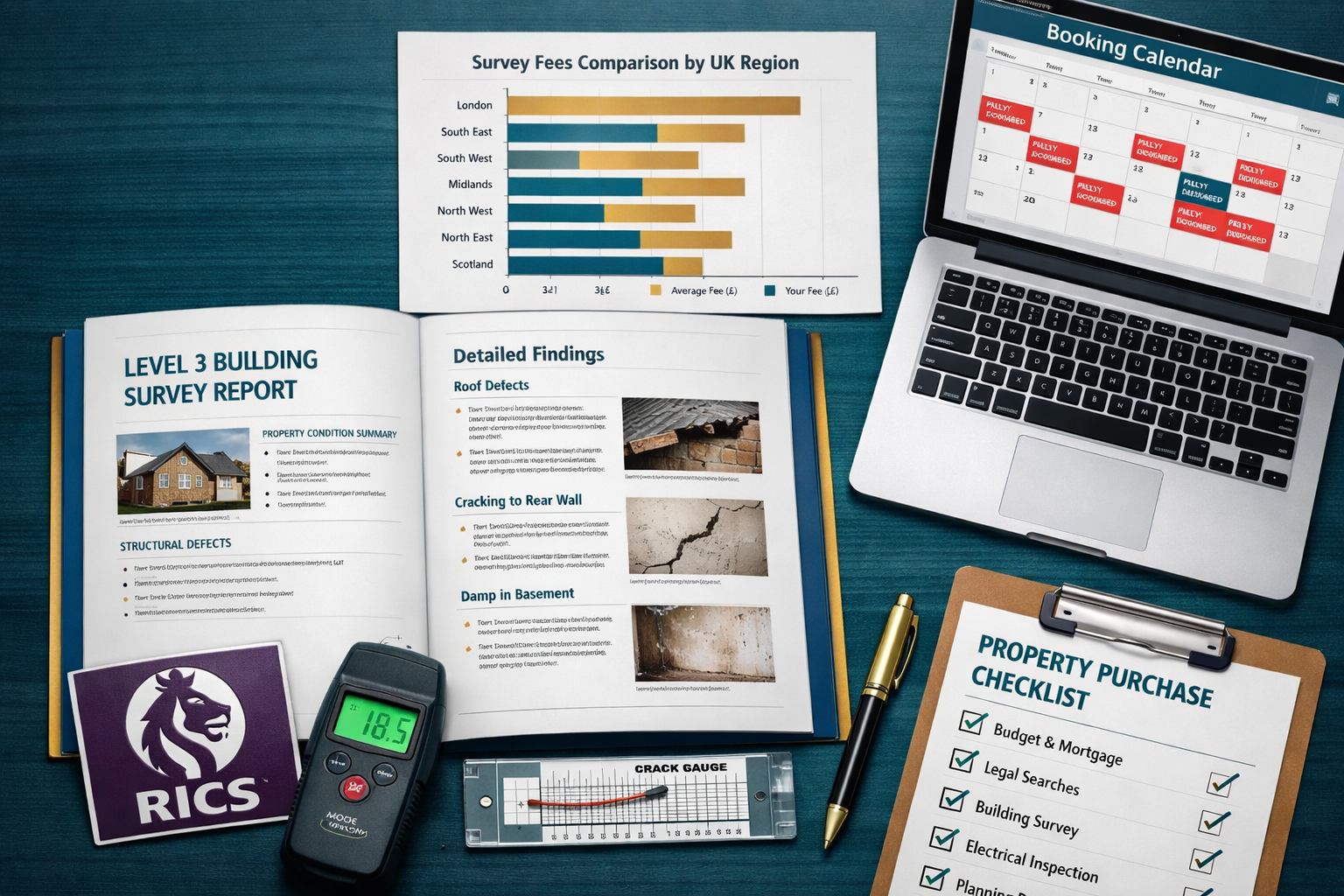 Close-up editorial landscape () showing a professional building surveyor's desk with a detailed Level 3 building survey