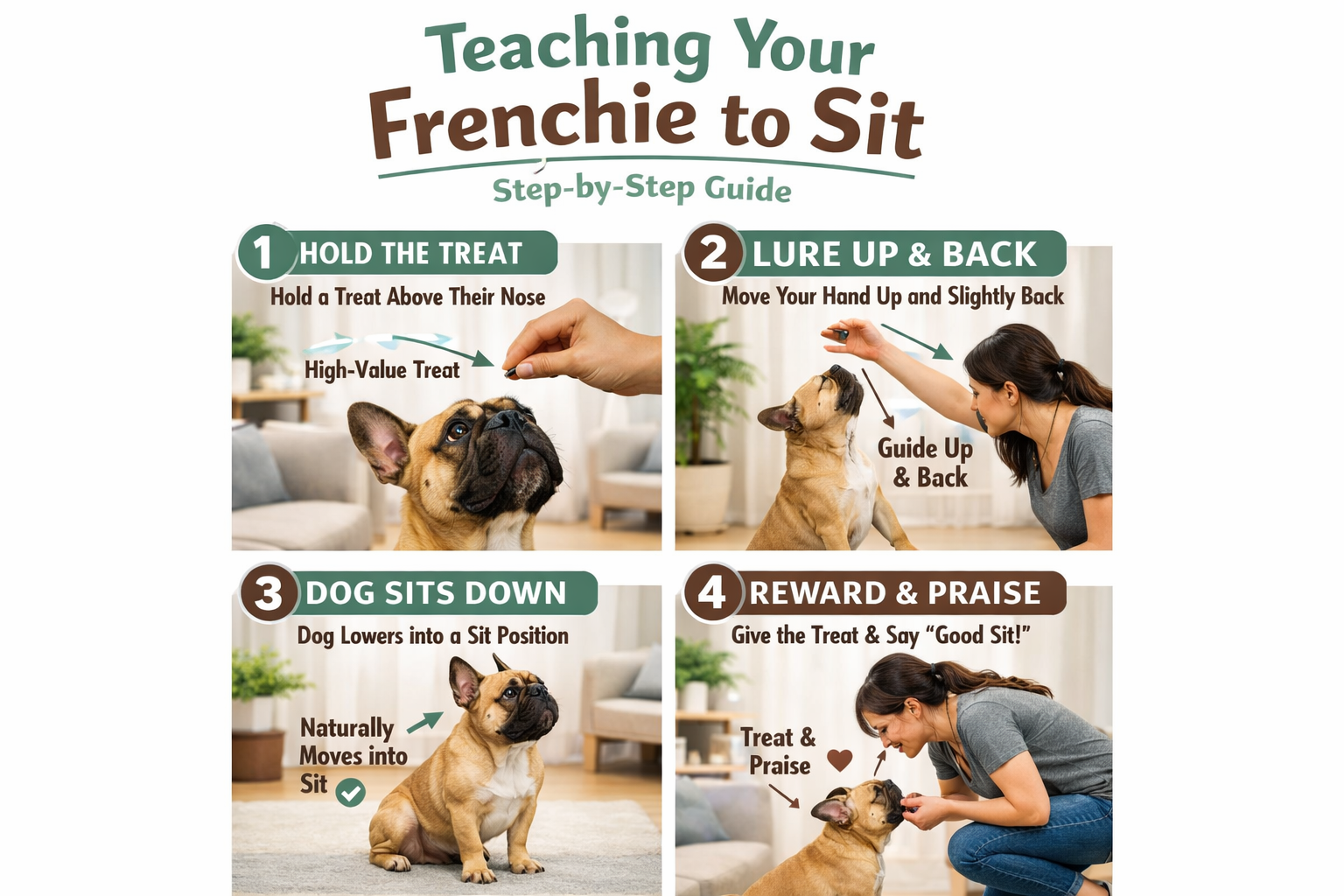 Portrait format (1024x1536) image showing French Bulldog owner demonstrating the luring technique, holding high-value treat above Frenchie's