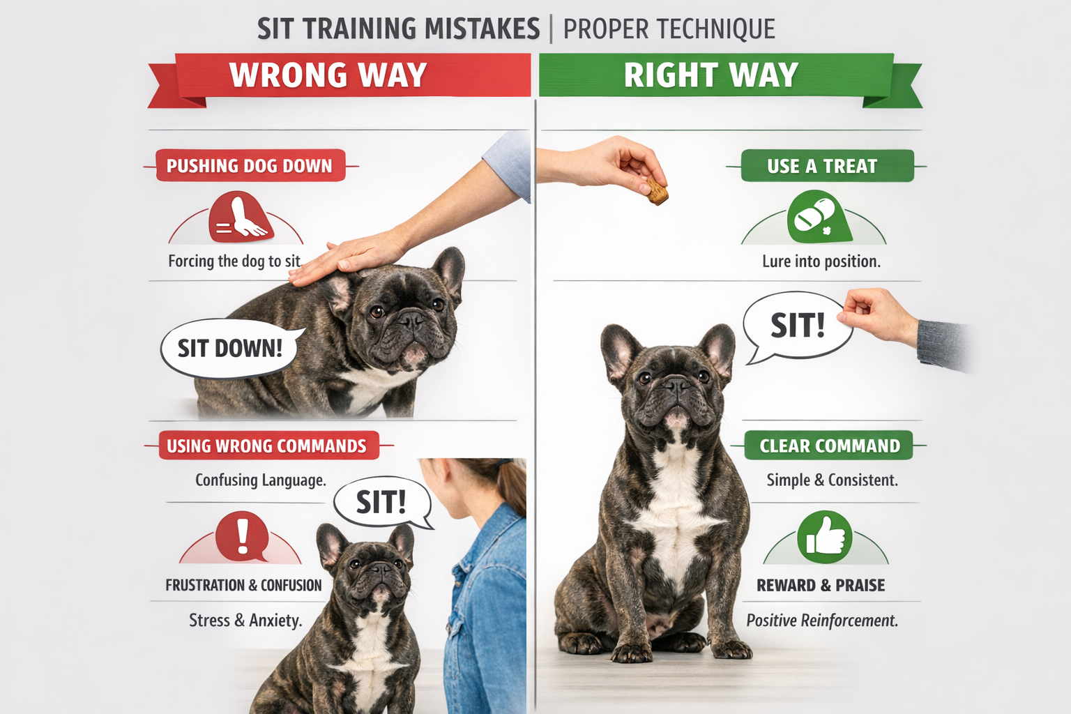 Portrait format (1024x1536) detailed infographic showing common French Bulldog sit training mistakes versus correct techniques, split-screen