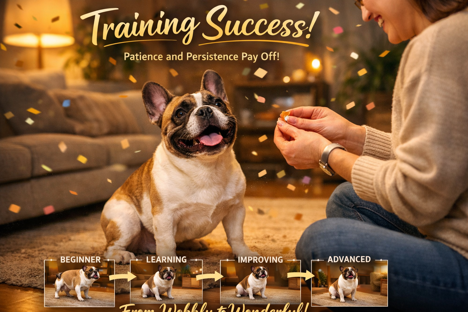 Portrait format (1024x1536) image of happy French Bulldog successfully sitting on command with owner giving praise and treats, apartment liv