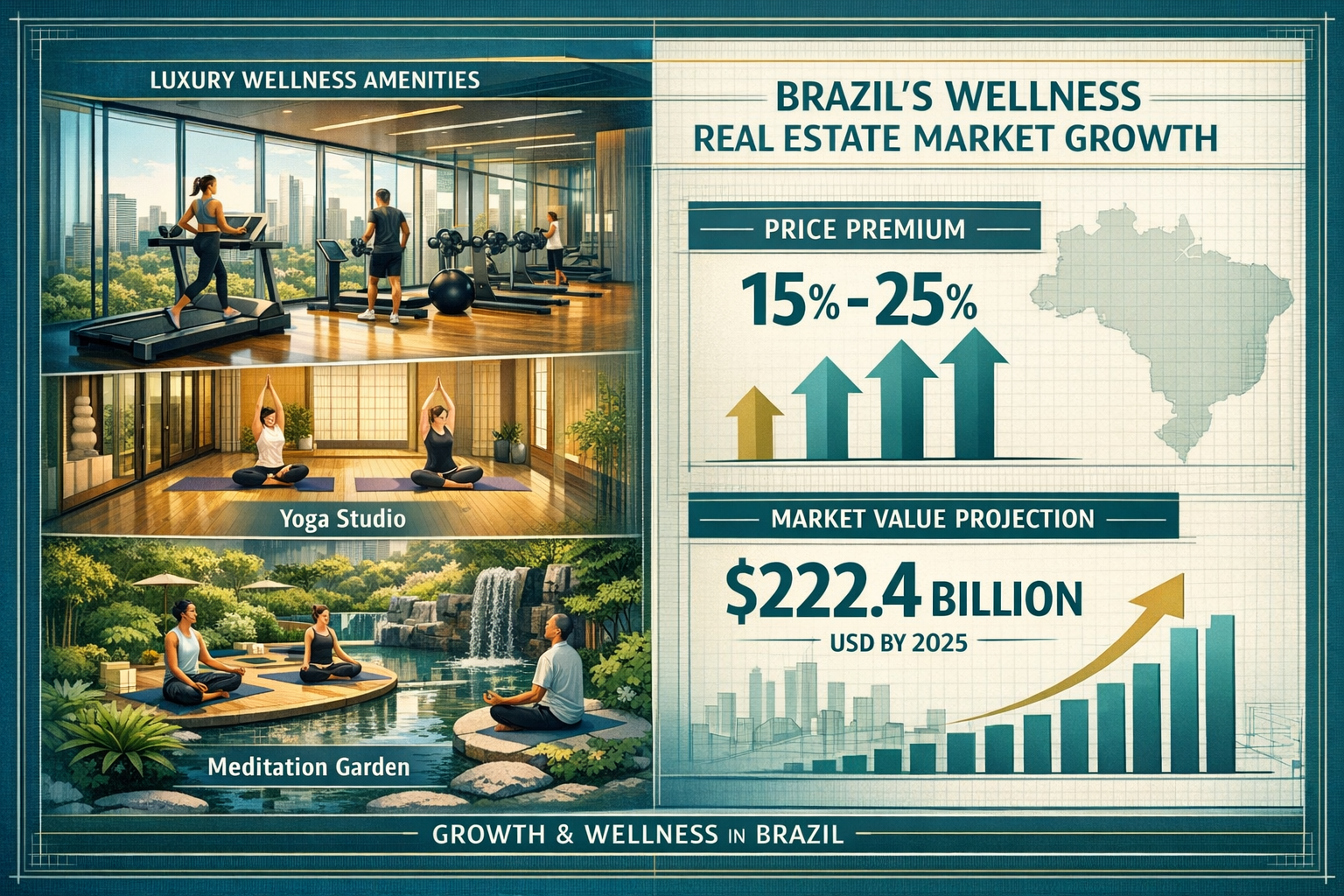 Landscape format (1536x1024) detailed infographic showing Brazil's wellness real estate market growth with modern architectural rendering of