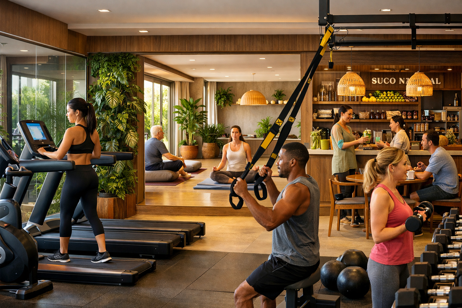 Landscape format (1536x1024) editorial photograph showcasing diverse wellness amenities in Brazilian premium development: foreground feature