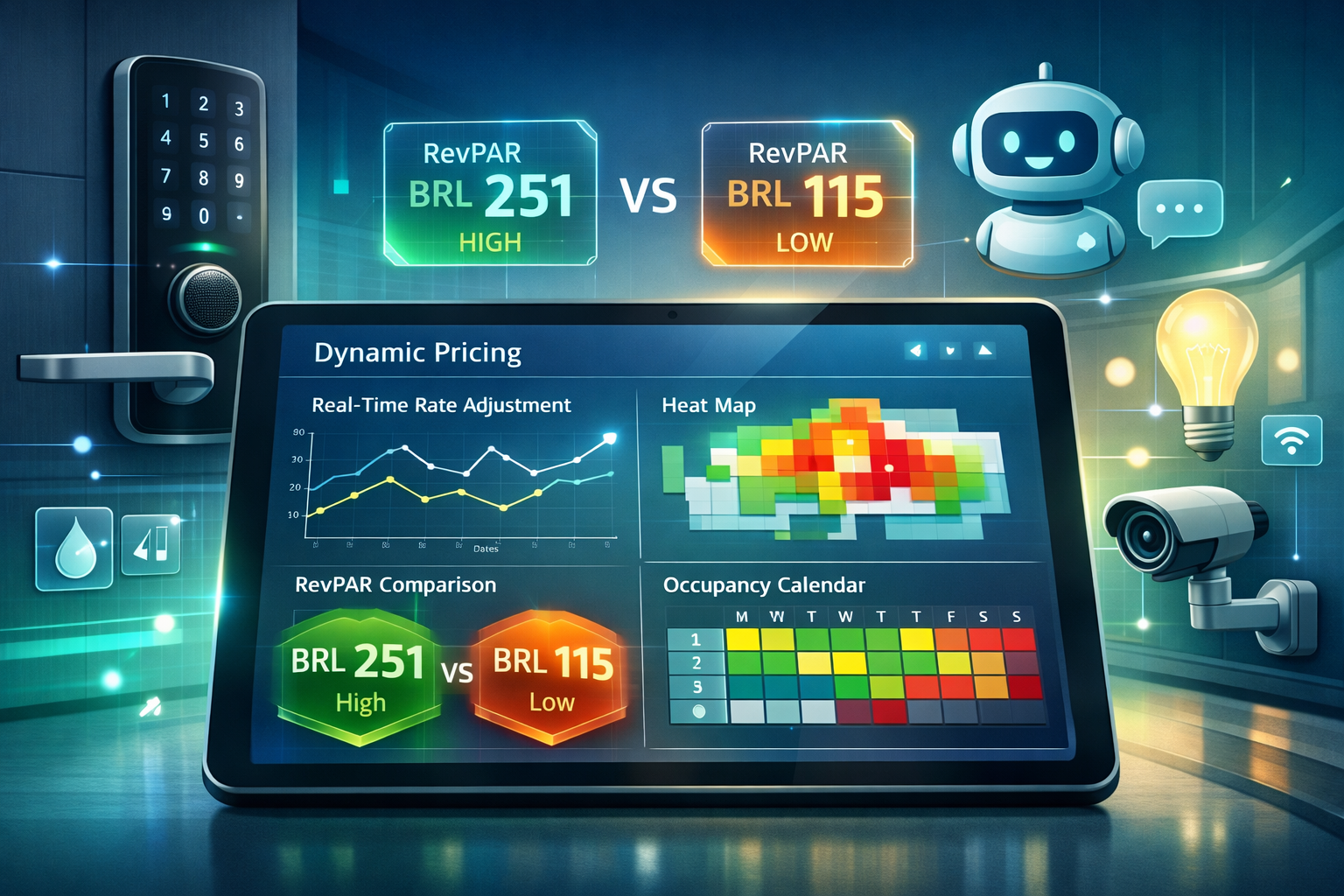 Detailed () conceptual illustration of PropTech innovation in property management showing modern smartphone or tablet