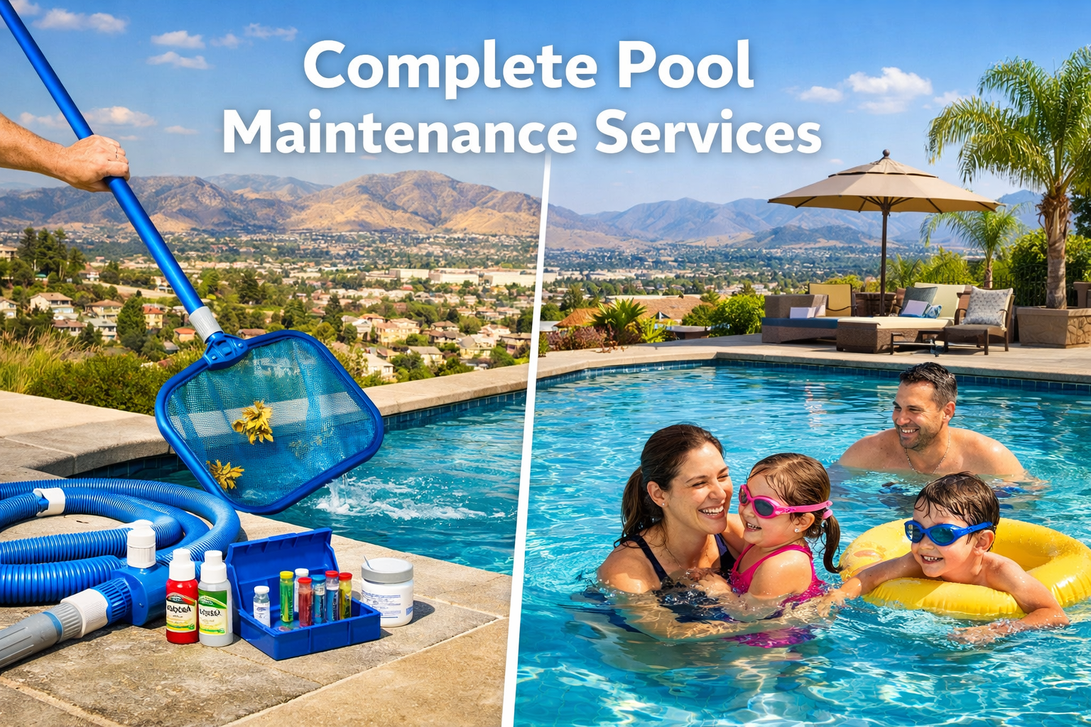 Landscape format (1536x1024) image showing comprehensive pool maintenance services in Corona CA with split-screen composition: left side dis