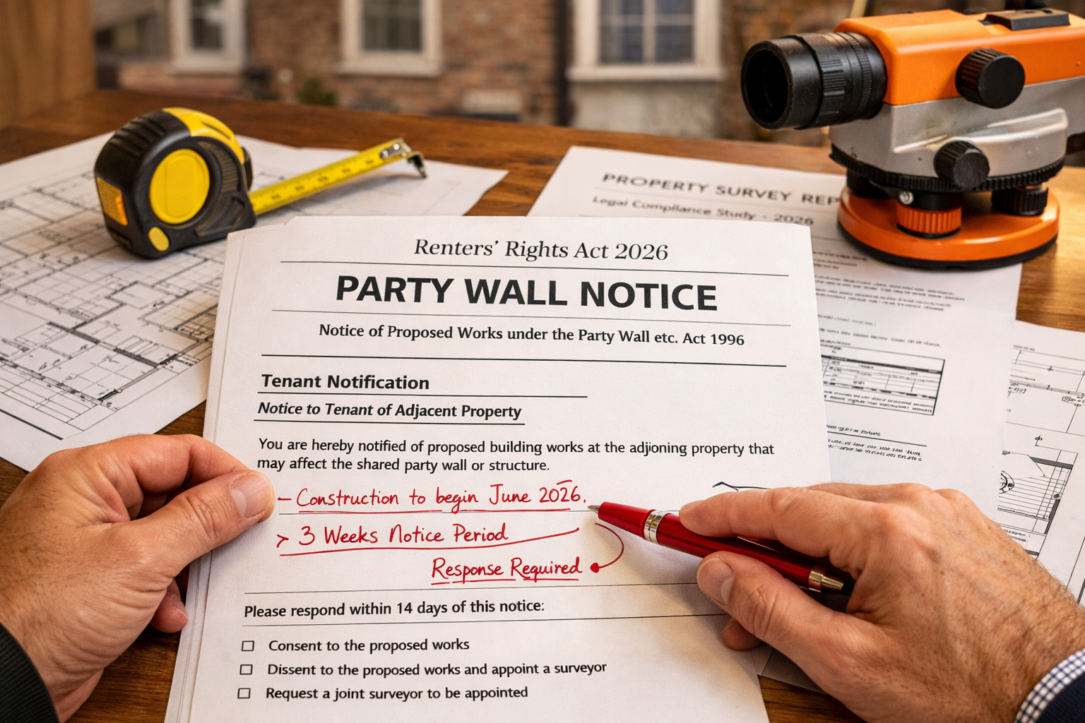 Detailed () image showing close-up of official Party Wall Notice document on wooden desk with 'Renters' Rights Act 2026'
