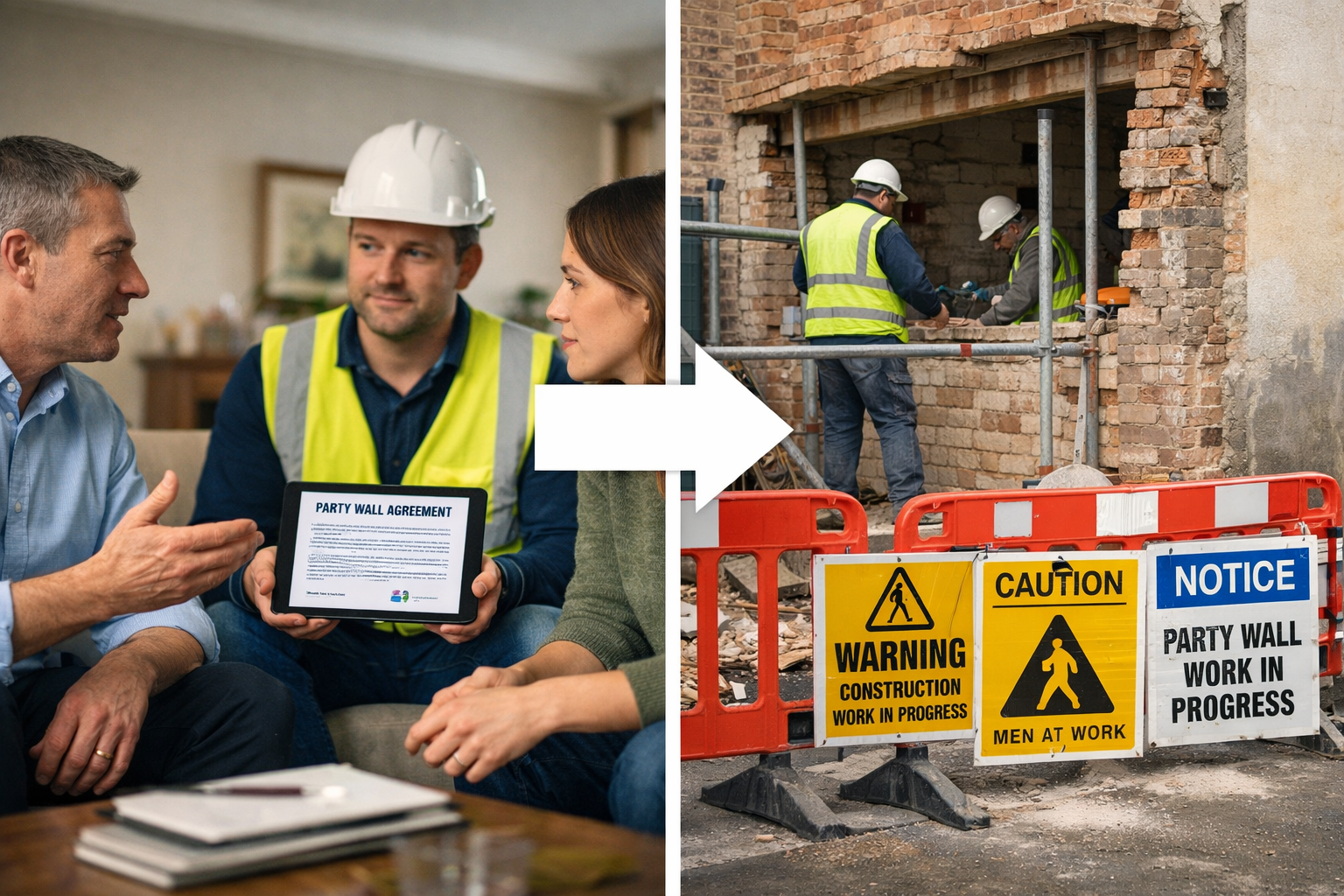 Wide-angle () image depicting side-by-side comparison scene: left panel shows landlord and tenant having respectful