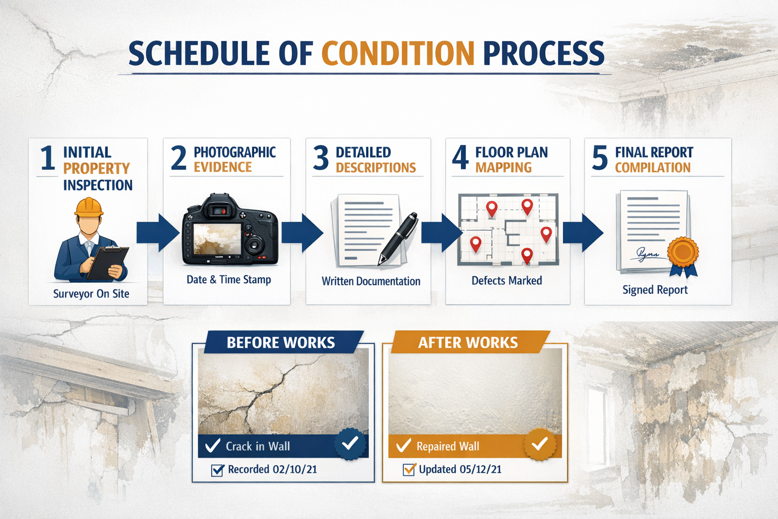 () detailed infographic showing the complete schedule of condition documentation process as a numbered flowchart with five