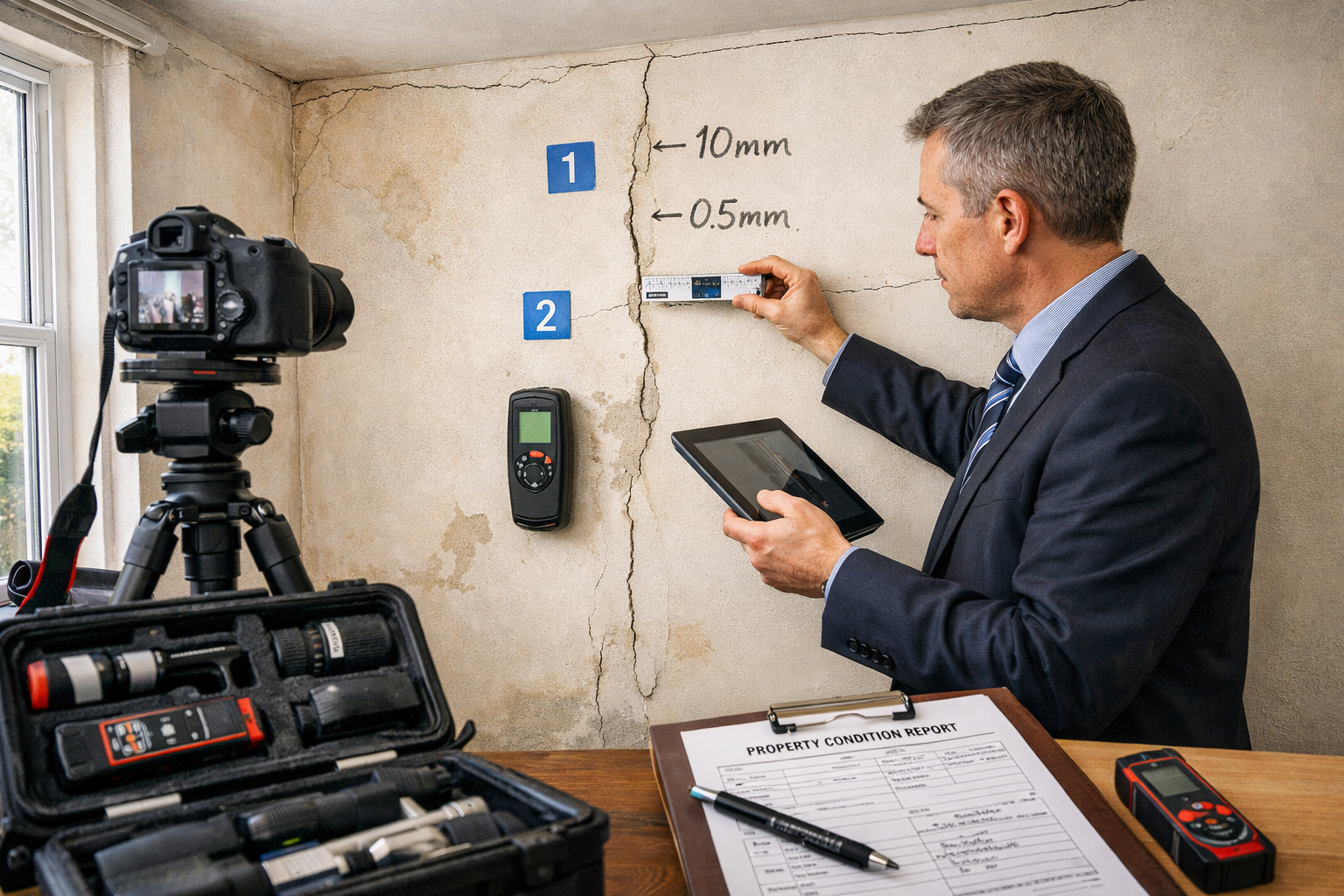 () professional photograph of surveyor conducting detailed property inspection inside residential room adjacent to party