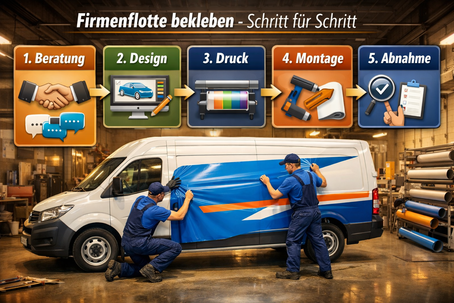 () step-by-step process diagram showing the five stages of Firmenflotte bekleben: 1. Beratung, 2. Design, 3. Druck, 4.