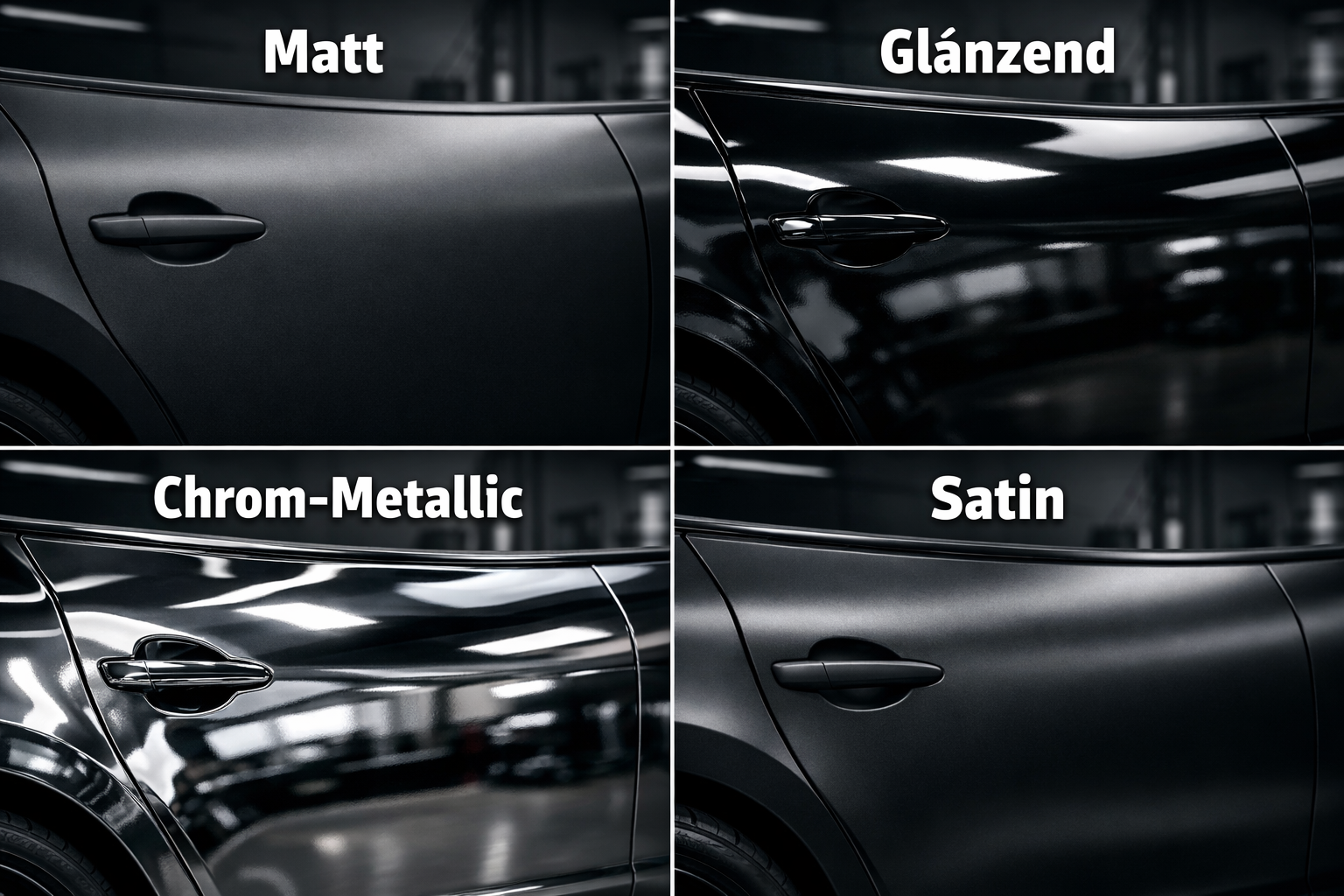 () close-up comparison grid showing four different Folien-Texturen on vehicle panels: Matt, Glänzend, Chrom-Metallic, and