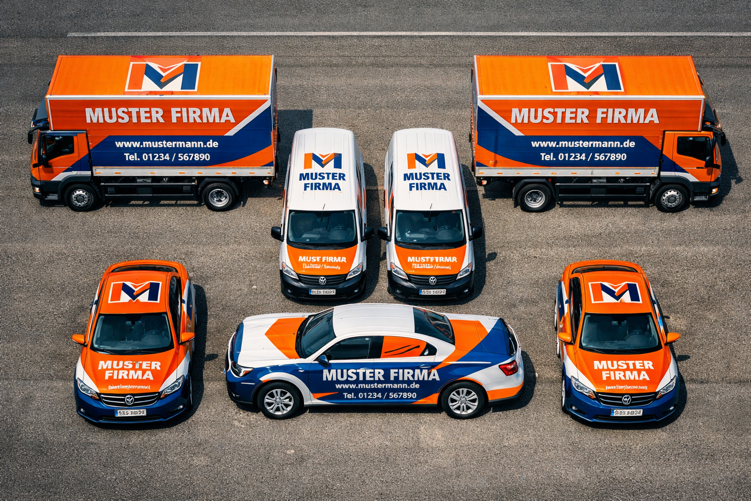 () aerial drone-perspective photo of a complete branded Firmenflotte of six vehicles — two LKW, two Transporter, two PKW —