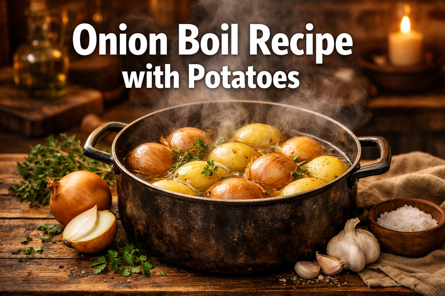 Professional landscape hero image (1536x1024) featuring bold text overlay 'Onion Boil Recipe with Potatoes' in extra large 70pt white sans-s