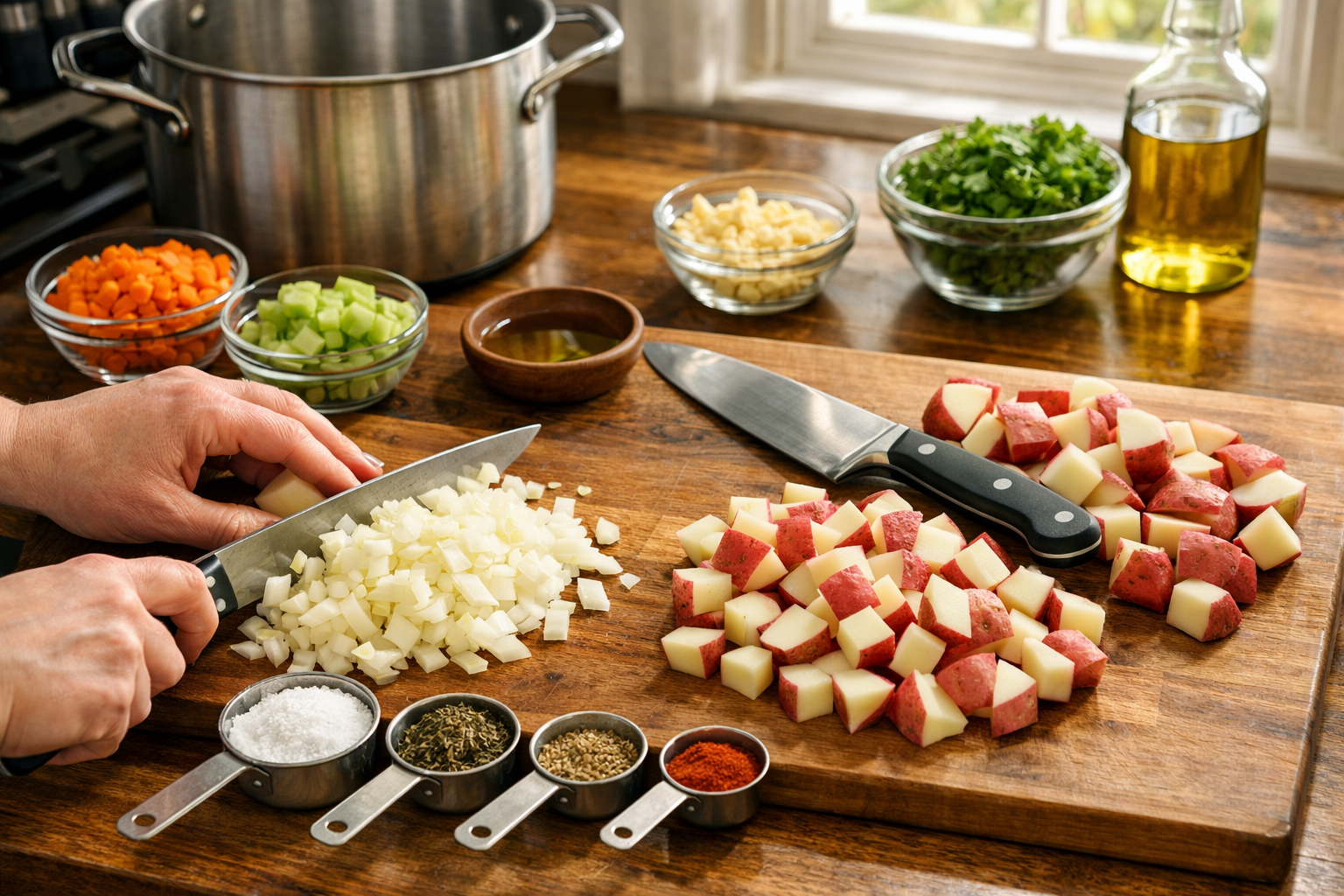 Detailed step-by-step cooking scene showing hands chopping yellow onions and red potatoes on wooden cutting board, sharp knife beside ingred