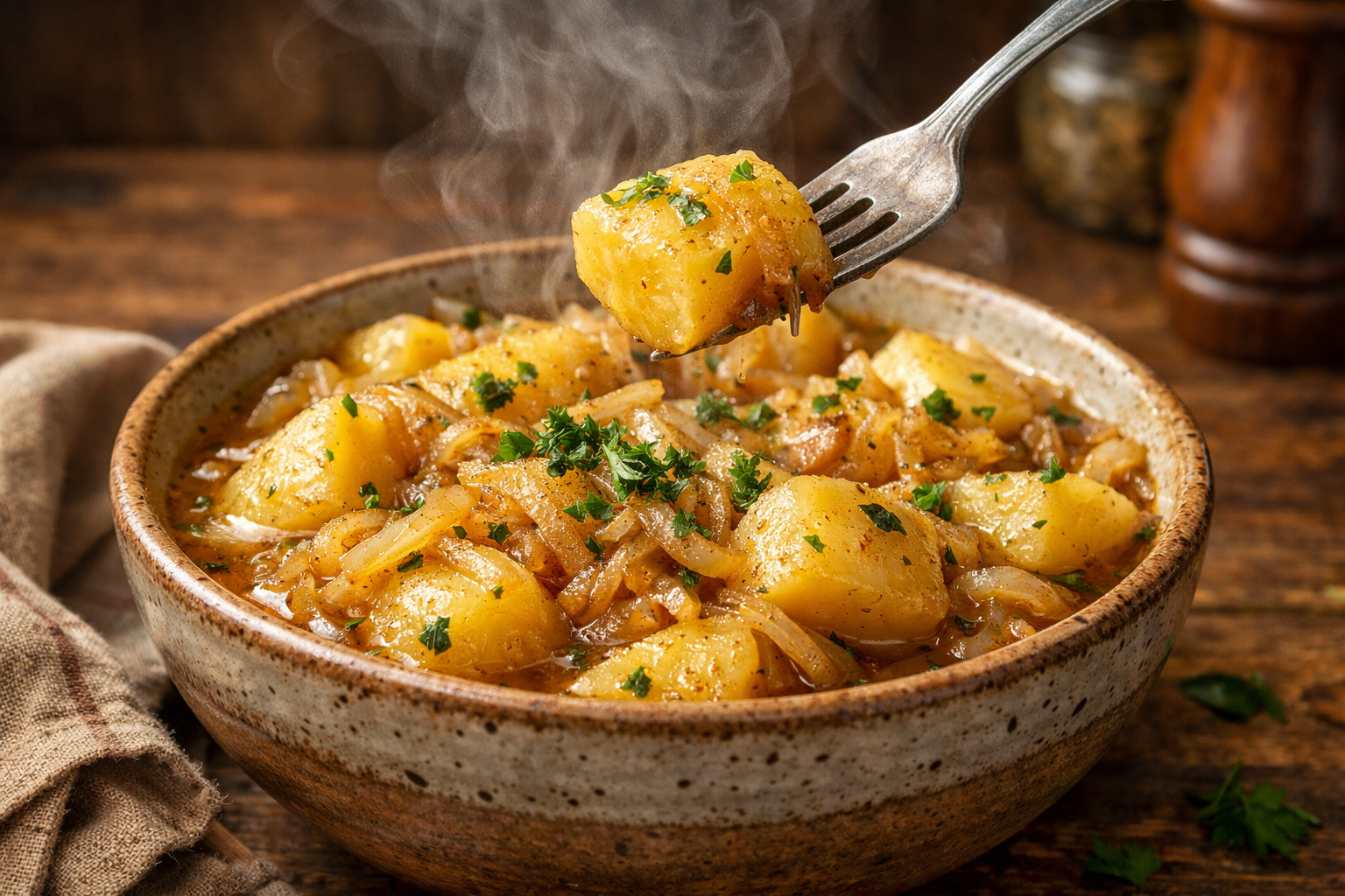 Steaming bowl of finished onion and potato boil with fork lifting tender golden potato chunk, caramelized onions visible, fresh herbs garnis