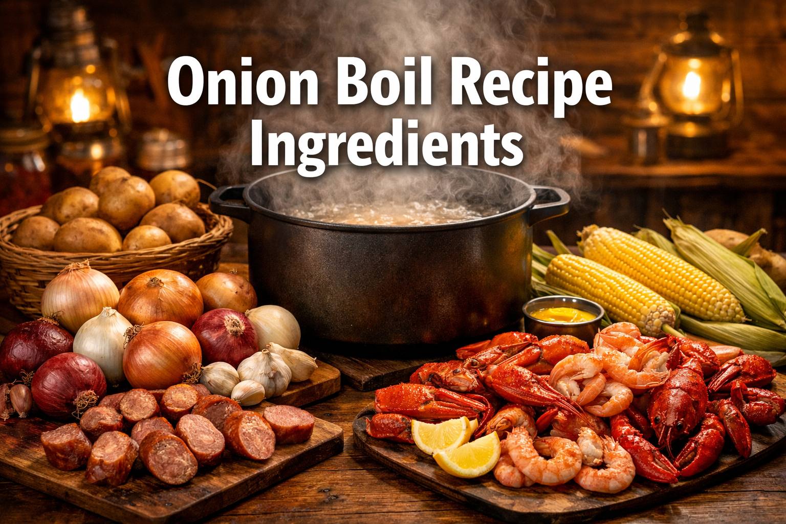 Professional landscape hero image (1536x1024) featuring bold text overlay 'Onion Boil Recipe Ingredients' in extra large 70pt white sans-ser