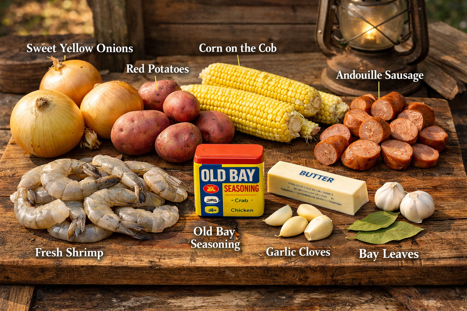 Detailed landscape image (1536x1024) showing essential onion boil ingredients laid out on weathered wooden cutting board: sweet yellow onion