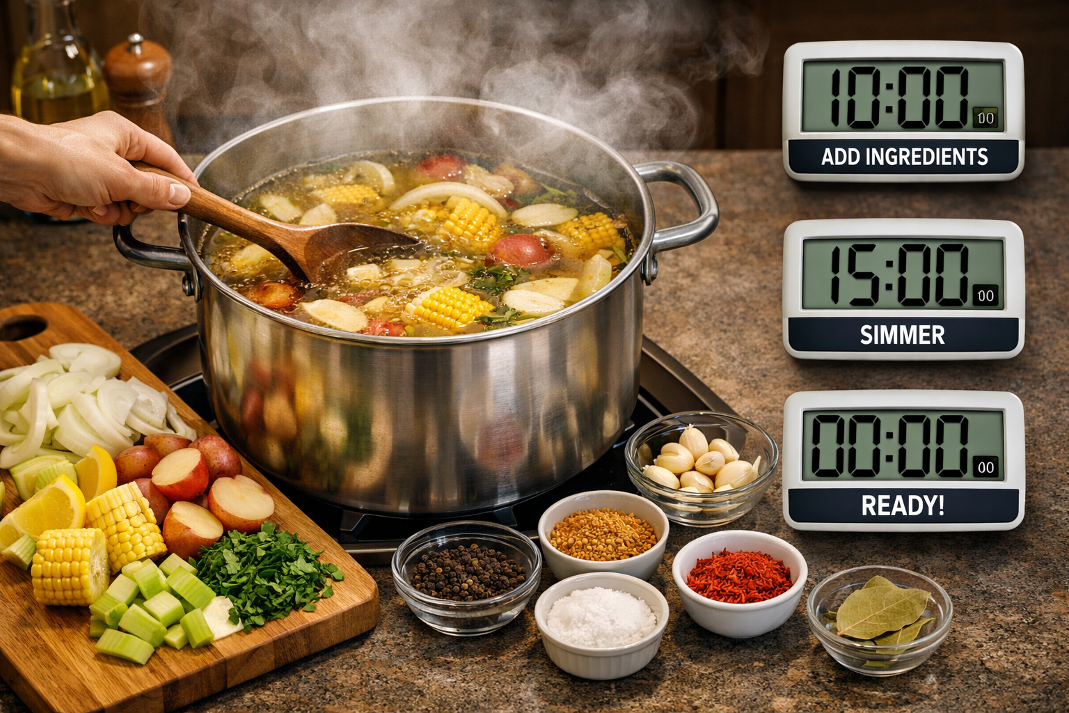 Professional landscape image (1536x1024) displaying step-by-step onion boil preparation: large stockpot with layered ingredients visible thr