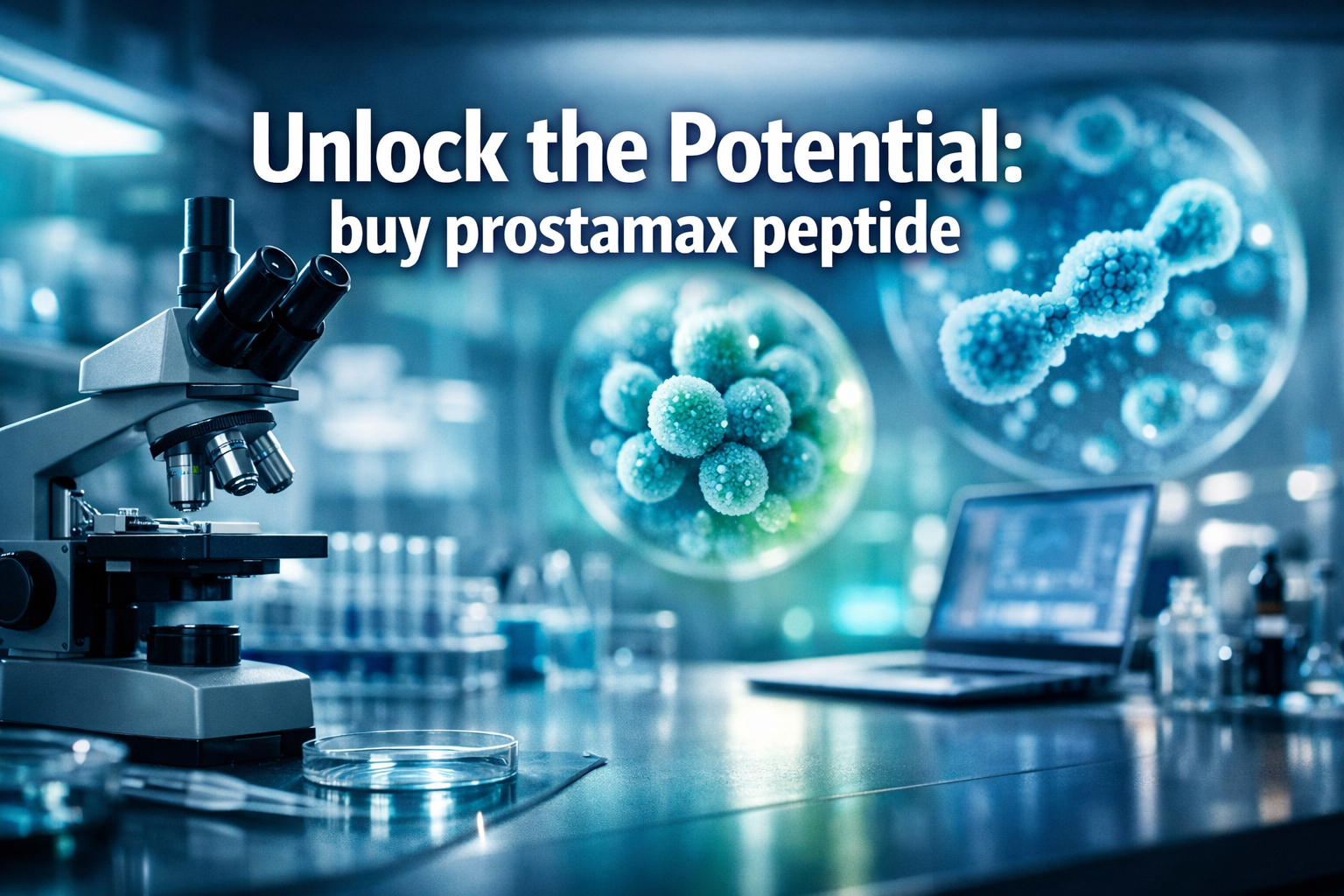 Professional landscape hero image (1536x1024) with bold text overlay: 'Unlock the Potential: buy prostamax peptide', modern sans-serif 70pt 