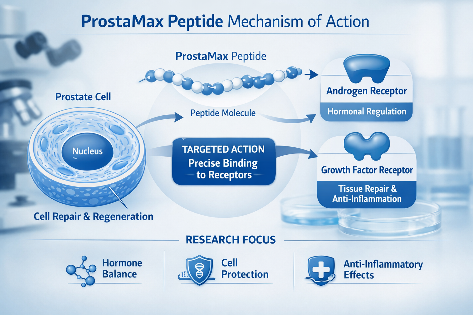A detailed infographic illustrating the molecular structure and hypothesized mechanisms of action of prostamax peptide within a cellular env