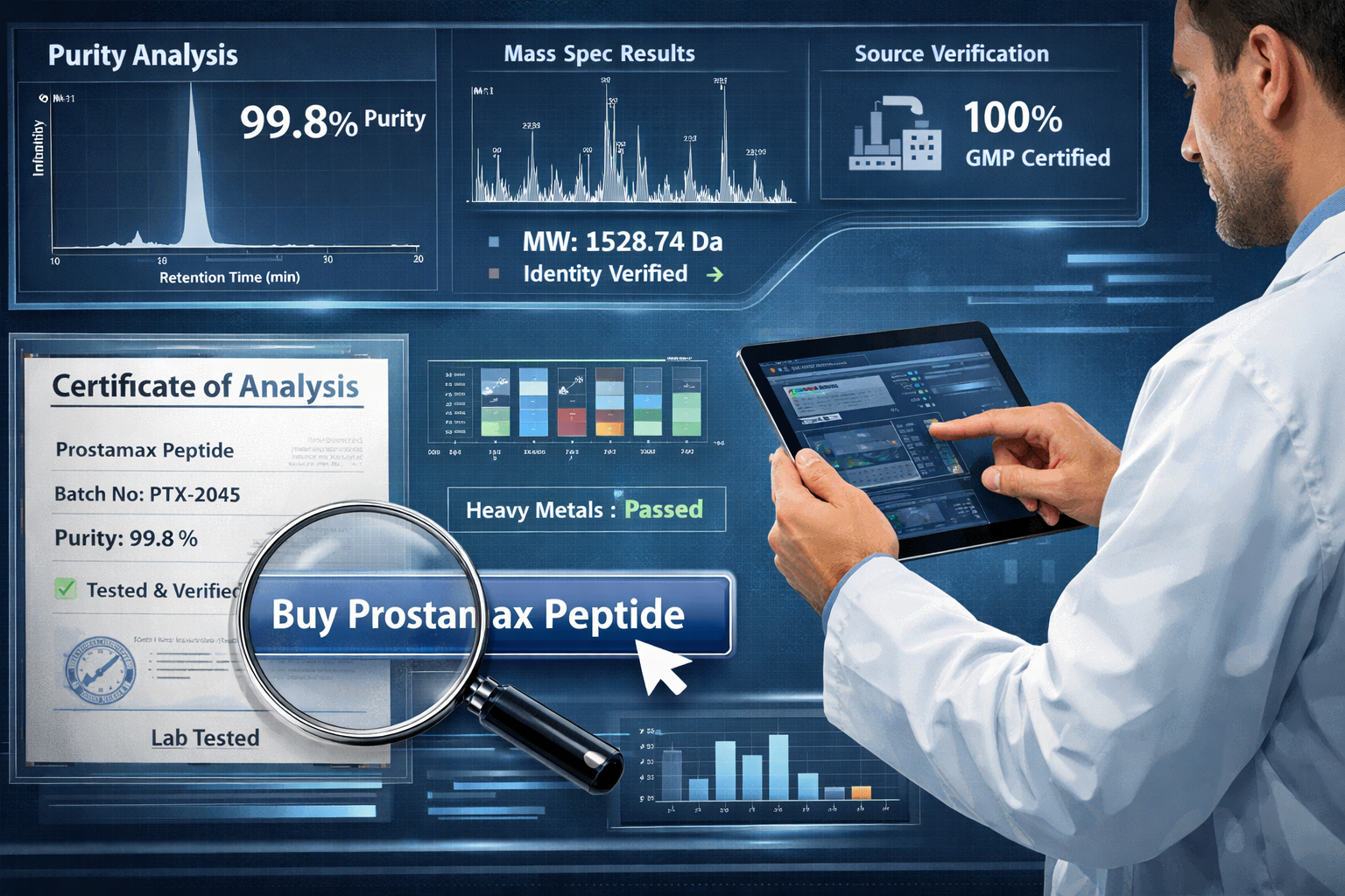 A sophisticated digital interface displaying various metrics related to peptide quality, purity, and sourcing, emphasizing transparency and 