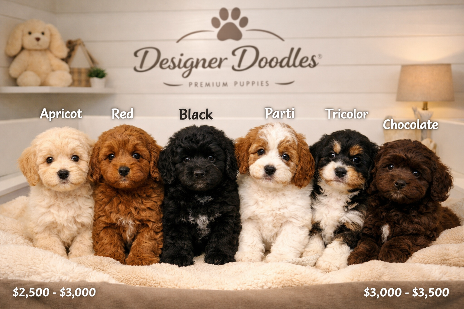 Warm inviting photograph of multiple Cavapoo puppies in various coat colors including apricot, red, black, parti-colored, and tricolor varia