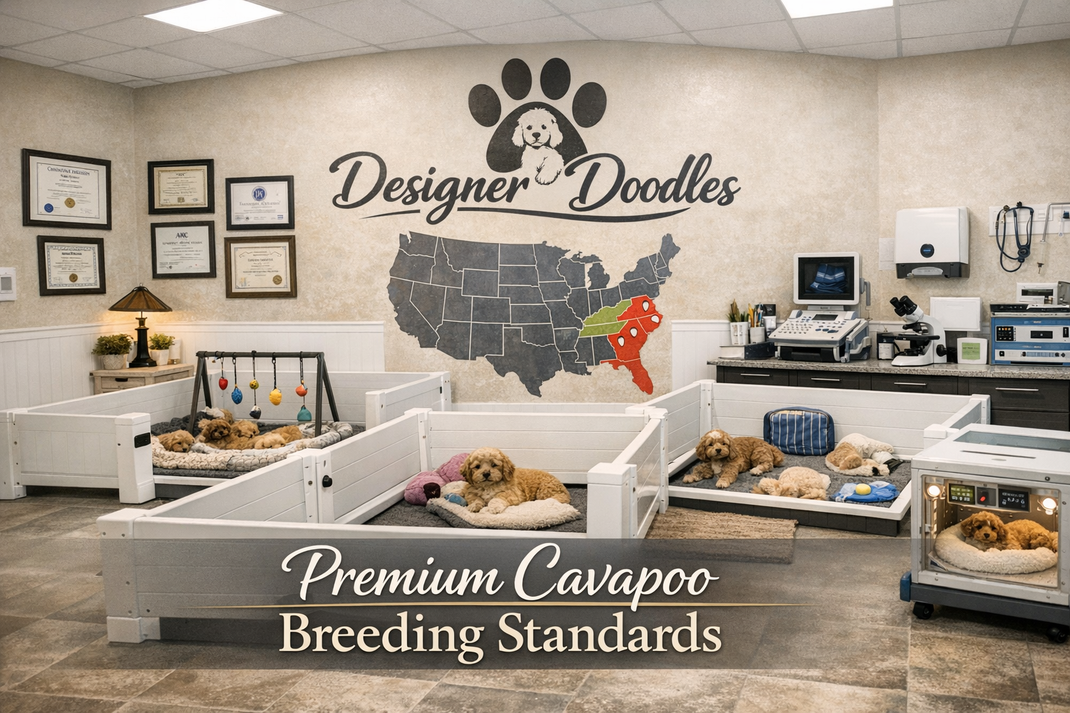 Professional breeding facility image showing Designer Doodles state-of-the-art whelping room with company logo prominently displayed on wall