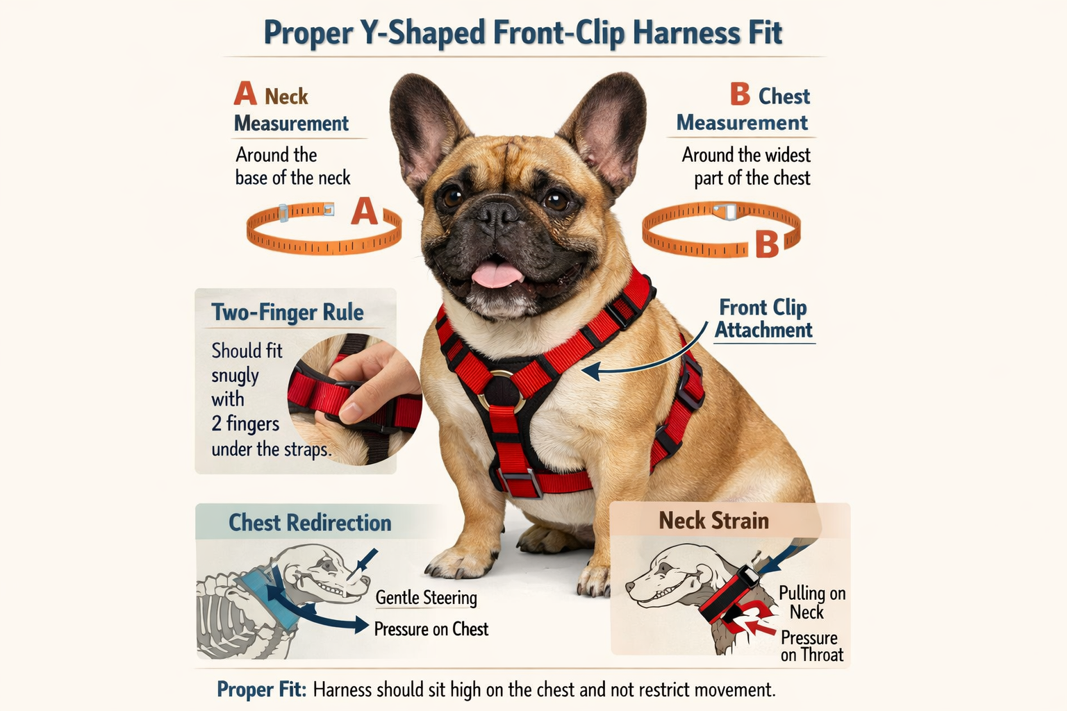 Portrait format (1024x1536) infographic showing proper Y-shaped front-clip harness fitting on French Bulldog with measurement guidelines, tw