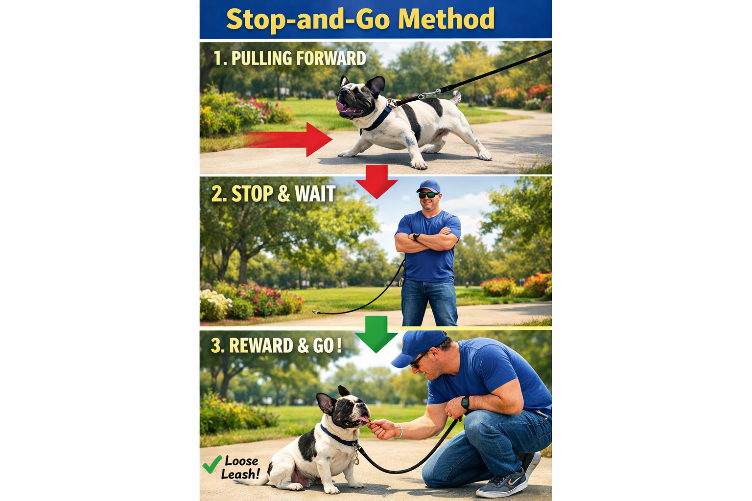 Portrait format (1024x1536) step-by-step visual guide showing Stop-and-Go method with French Bulldog, three panels: dog pulling forward, own