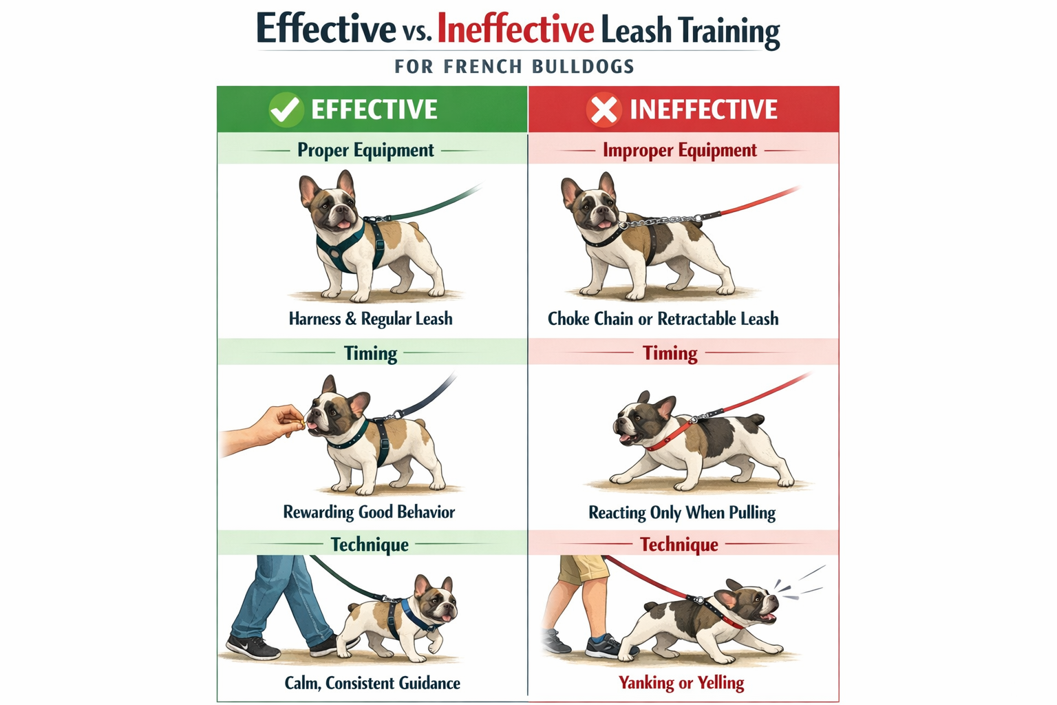 Portrait format (1024x1536) comparison chart showing effective vs ineffective leash training methods for French Bulldogs, split design with