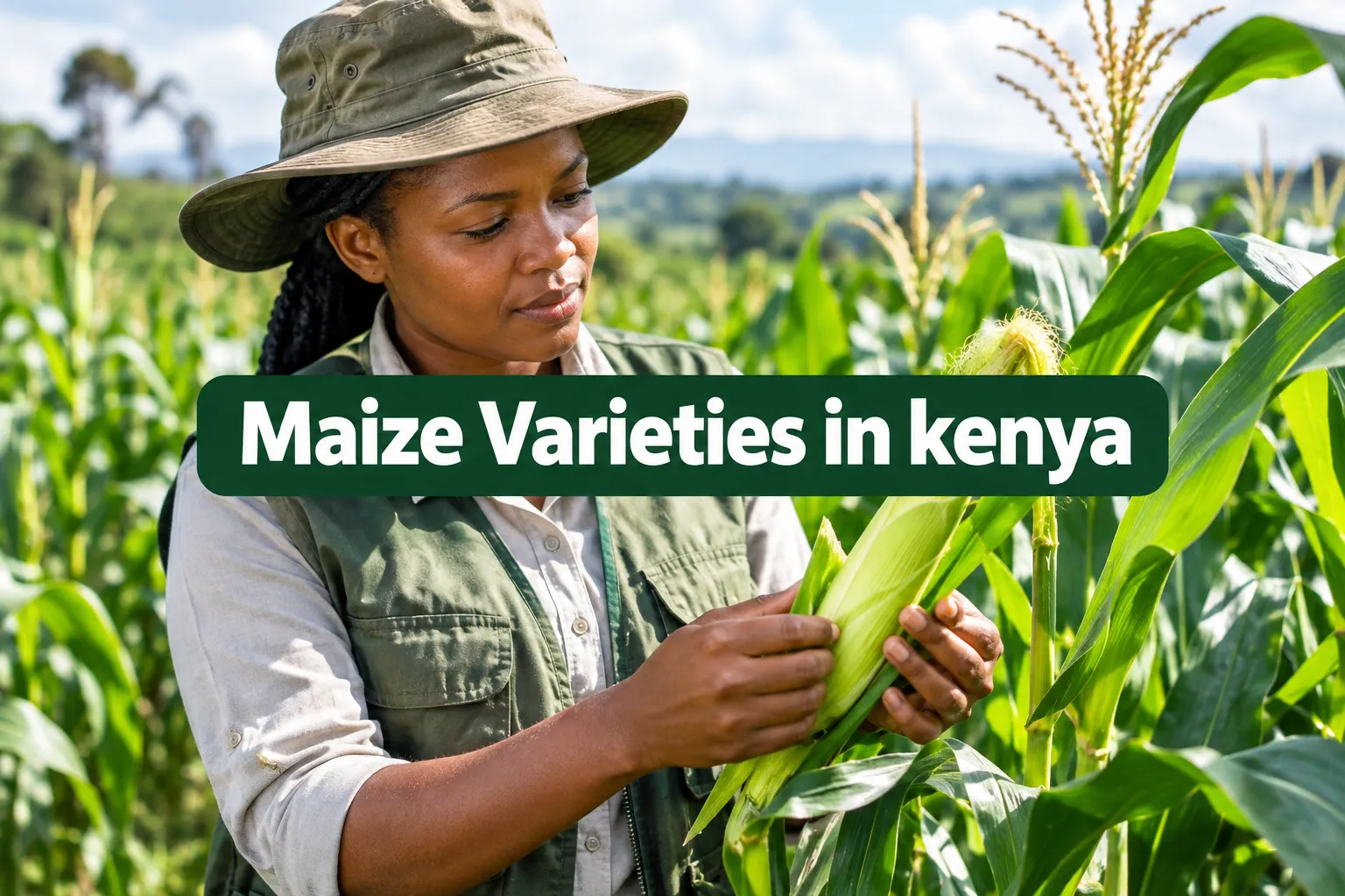 Guide to Farming Maize in Kenya: Choosing the Right Seed Varieties 1 Professional () hero image with SHORT (≤42 chars): 'Maize Varieties in kenya', white on a high-contrast dark green panel,