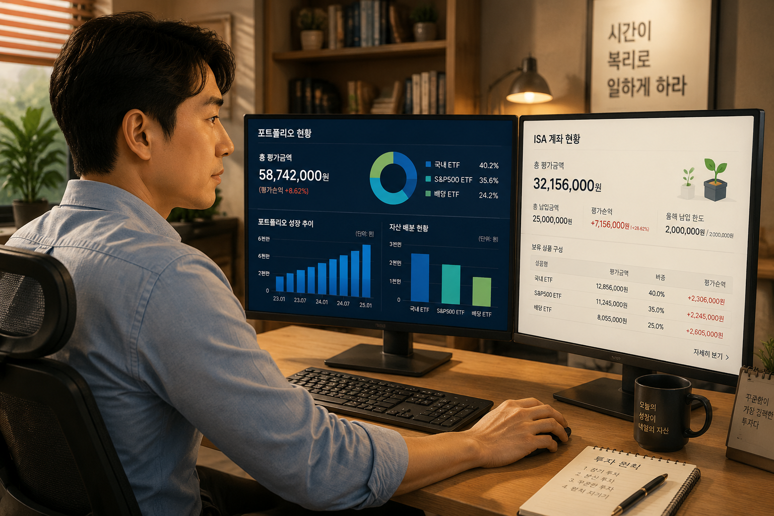 () editorial-style illustration of a Korean office worker (30s, business casual) sitting at a desk with dual monitors