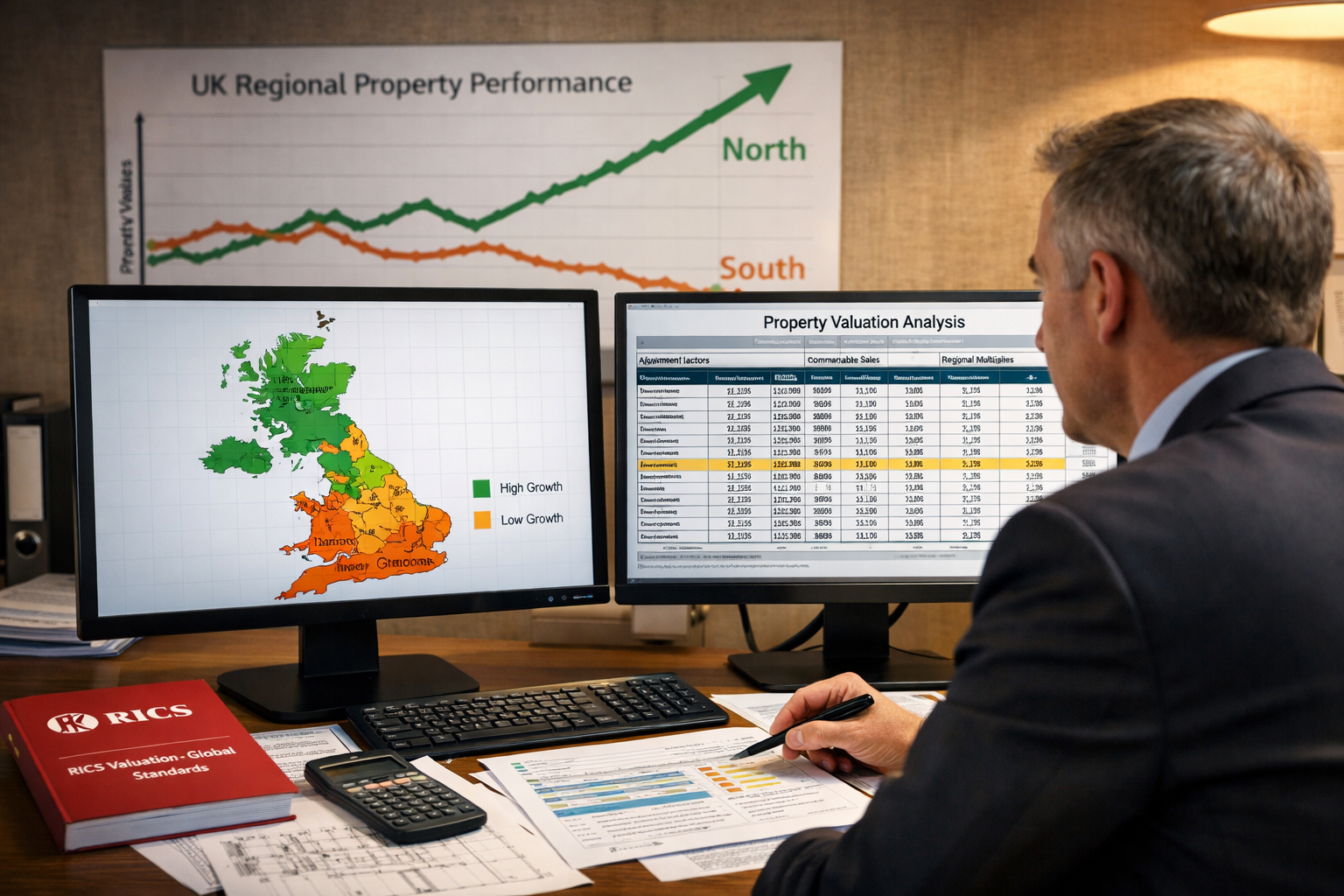 Detailed () image showing professional chartered surveyor in modern office examining dual computer monitors displaying