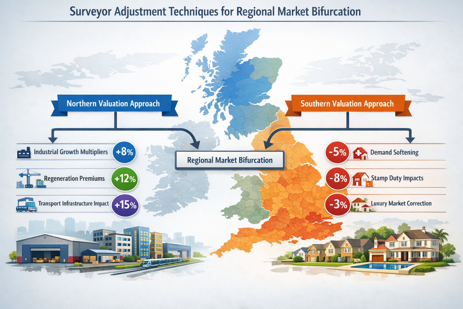 Detailed () infographic-style image depicting surveyor adjustment techniques for regional market bifurcation. Central