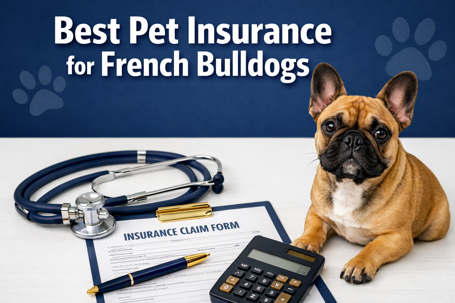 Professional landscape format (1536x1024) hero image featuring bold text overlay 'Best Pet Insurance for French Bulldogs' in extra large 72p