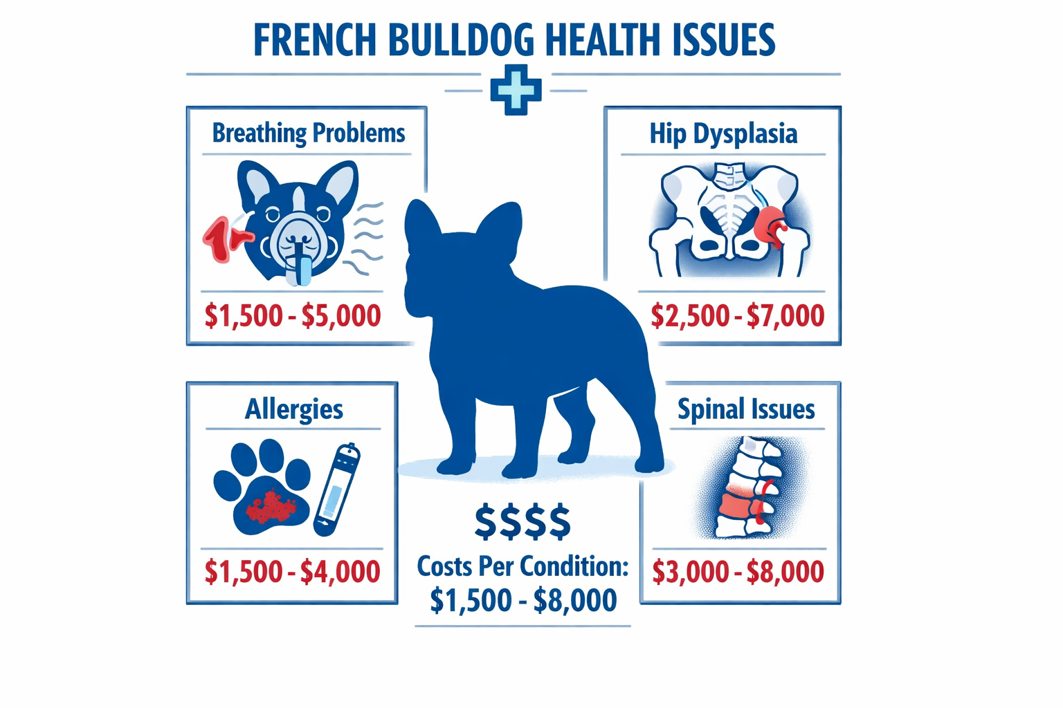Portrait format (1024x1536) infographic showing French Bulldog health condition icons (breathing problems, hip dysplasia, allergies, spinal 