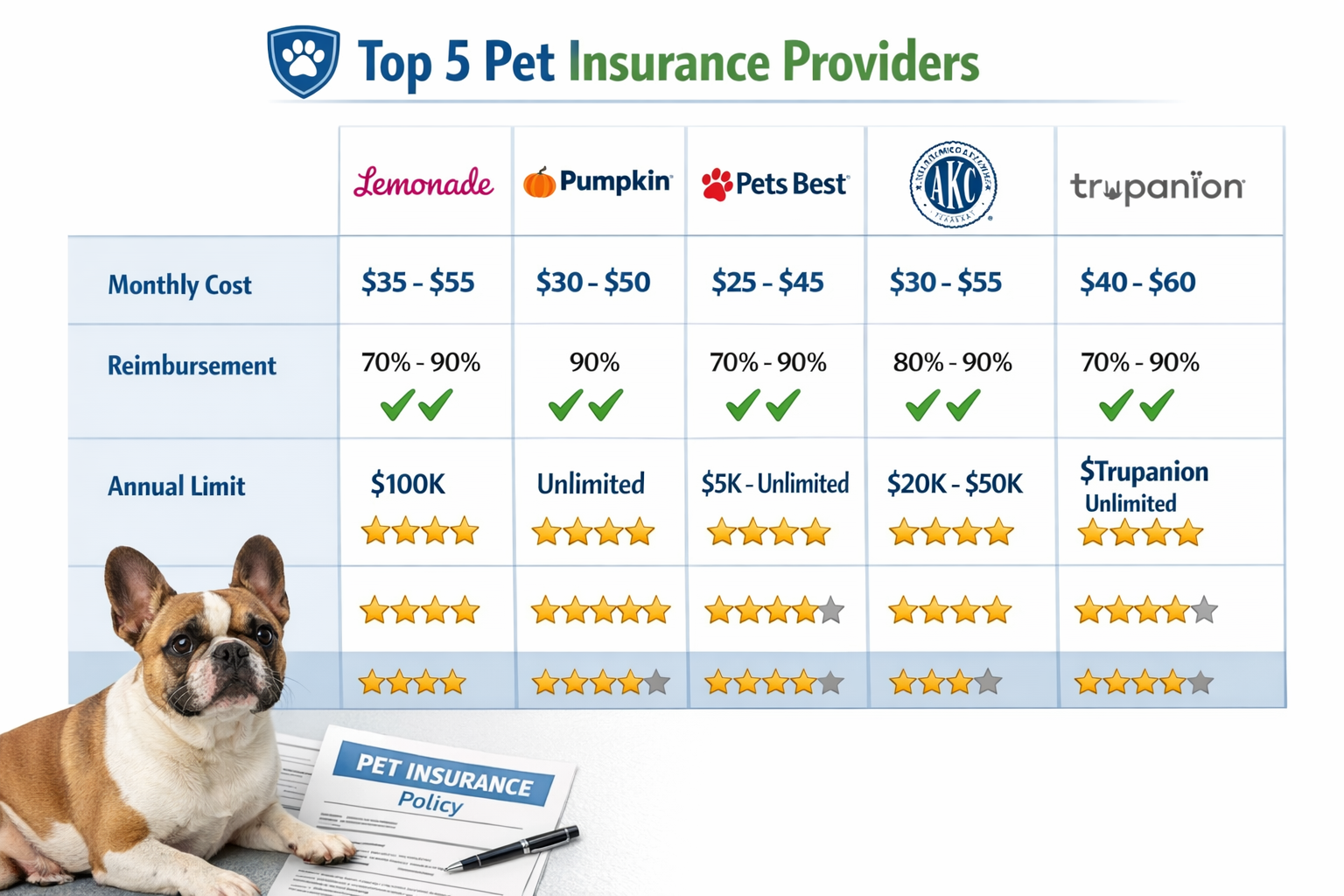 Portrait format (1024x1536) comparison chart showing top 5 pet insurance providers (Lemonade, Pumpkin, Pets Best, AKC, Trupanion) with month
