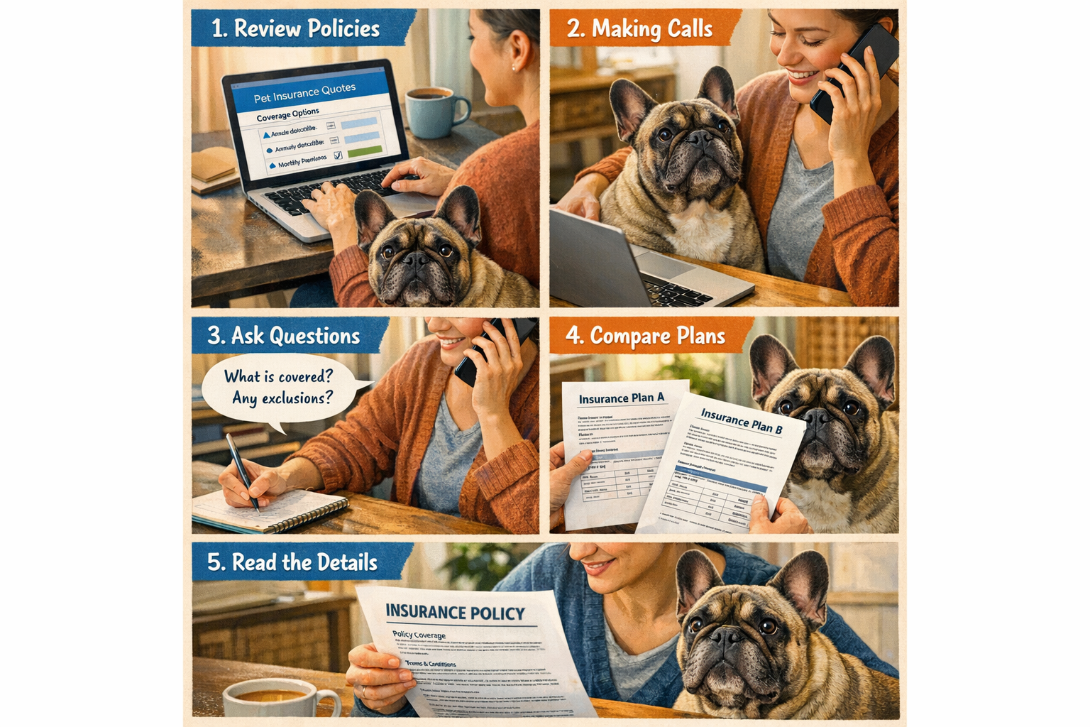 Portrait format (1024x1536) step-by-step visual guide showing French Bulldog owner reviewing insurance policies on laptop, making phone call