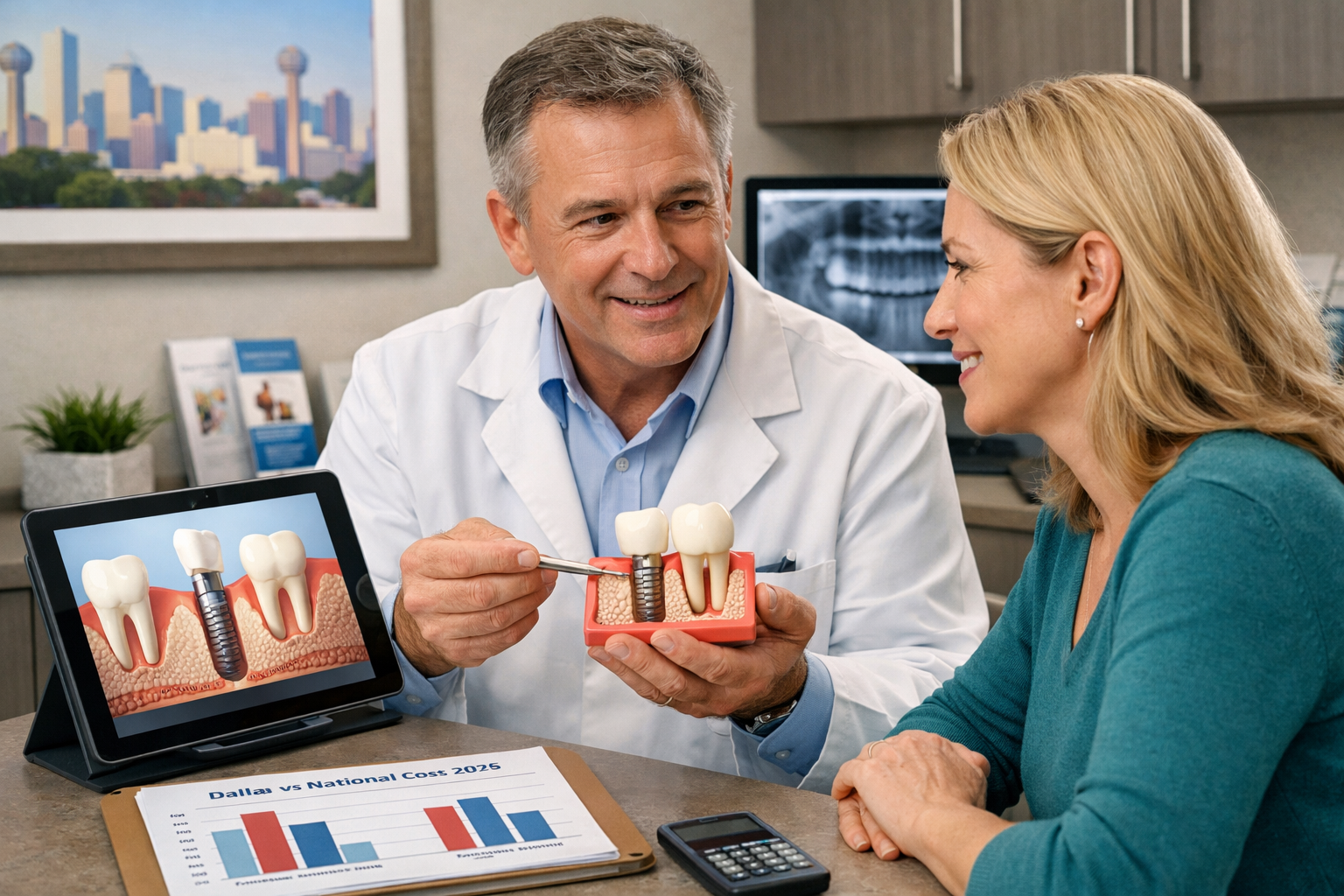 An illustrative image in landscape format (1536x1024) depicting a patient consulting with a dental professional in a modern, well-equipped D