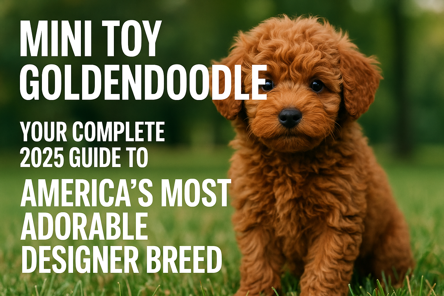 Professional landscape hero image (1536x1024) with bold text overlay: "Mini Toy Goldendoodle: Your Complete 2025 Guide to America's Most Ado