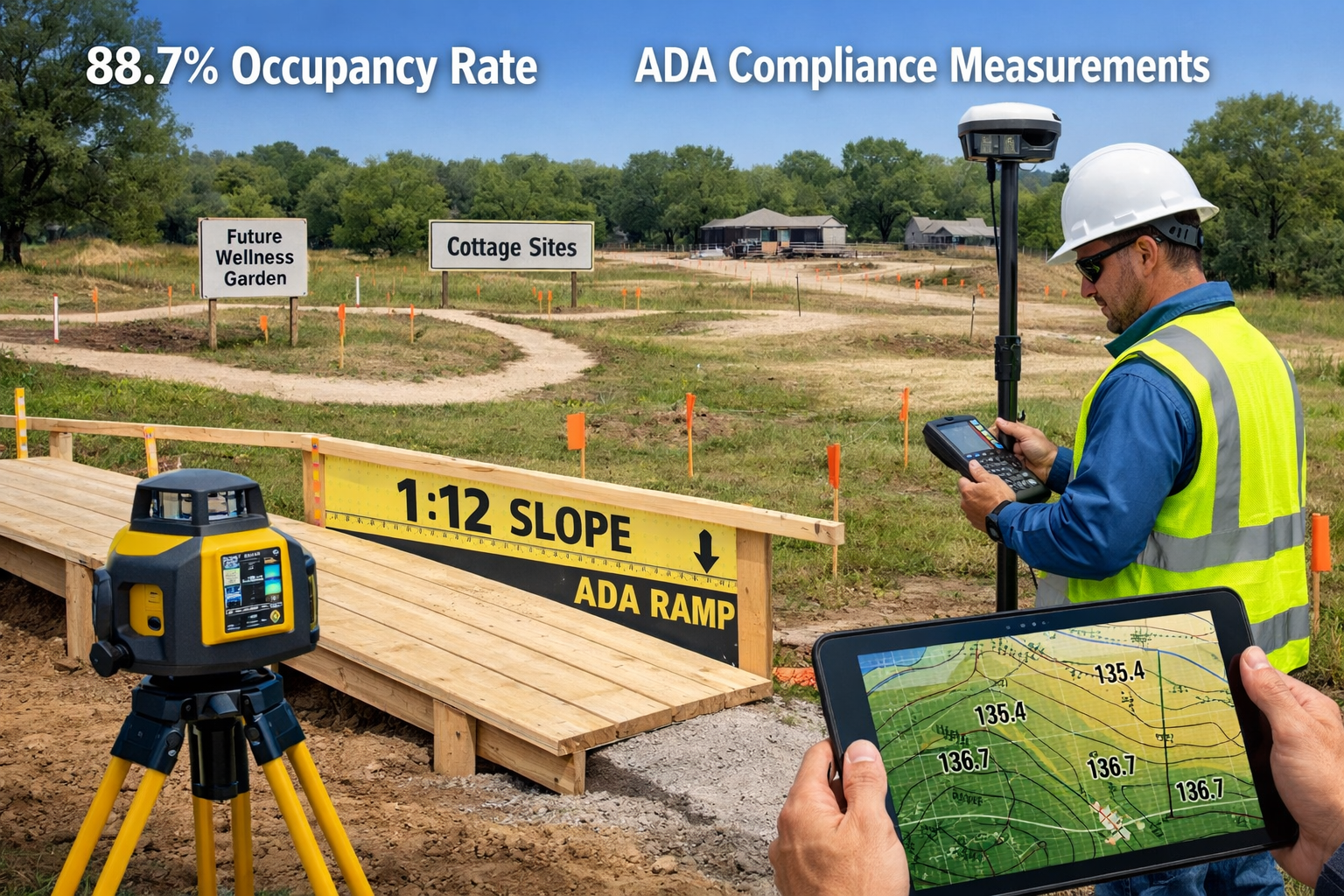 Detailed landscape format (1536x1024) image showing professional surveyor team conducting precision site assessment for senior housing devel