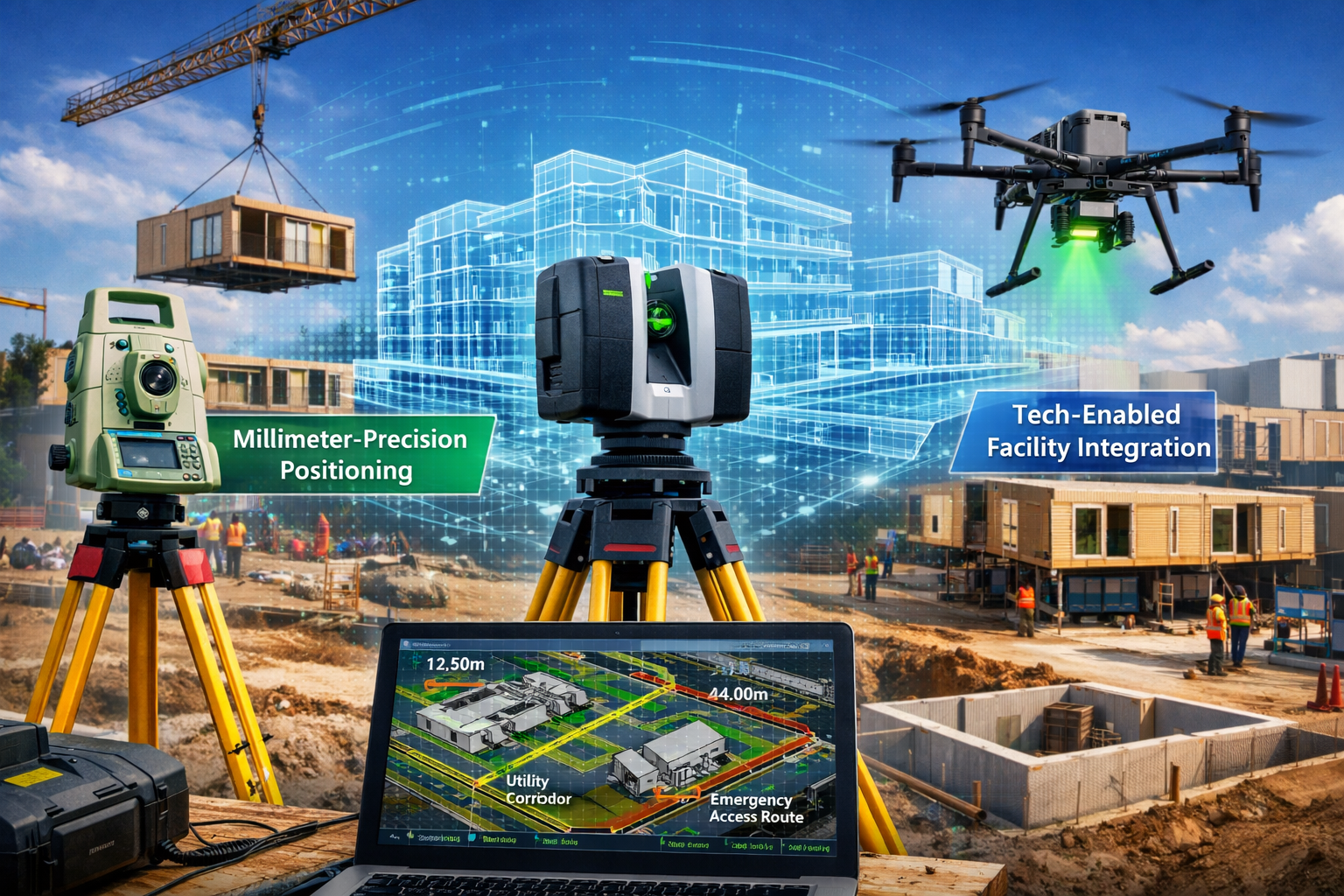 Detailed landscape format (1536x1024) image depicting advanced surveying technology applications for modular senior housing construction. Ce